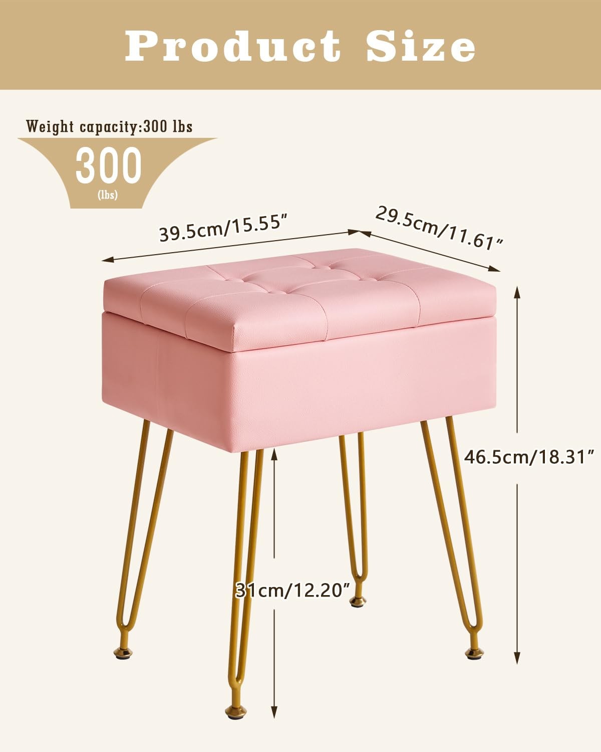Multifunctional Storage Vanity Stool with Flip Tabletop, Adjustable Metal Leg...