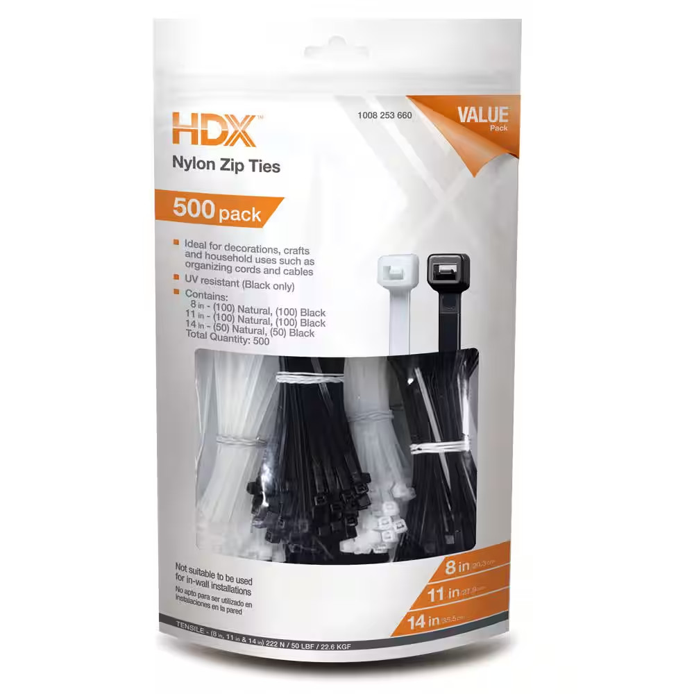 8 In. and 11 In. and 14 In. Zip Tie Black/Natural (500-Pack)