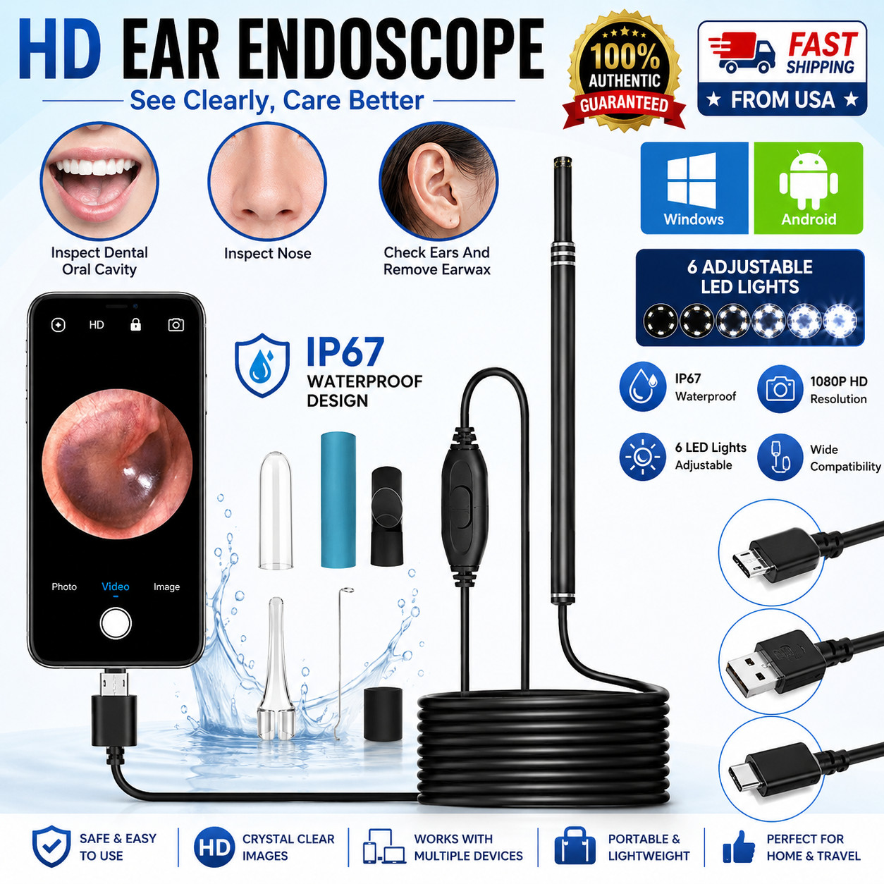 LED Ear Endoscope HD Otoscope Ear Wax Cleaning Camera Tool Cleaner Removal Kit