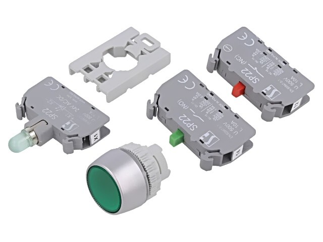 SP22-KLZ-11-24-LEDAC/DC Switch: Pressure 22mm Rod.Pos: 1 NC+NO Green LED IP65