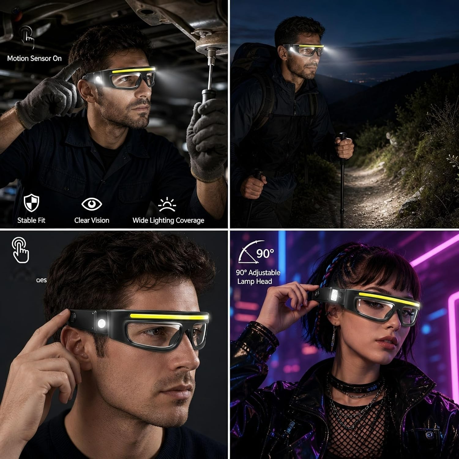 LED Safety Glasses w/ Lights Rechargeable Headlight Touch Control Hands-Free