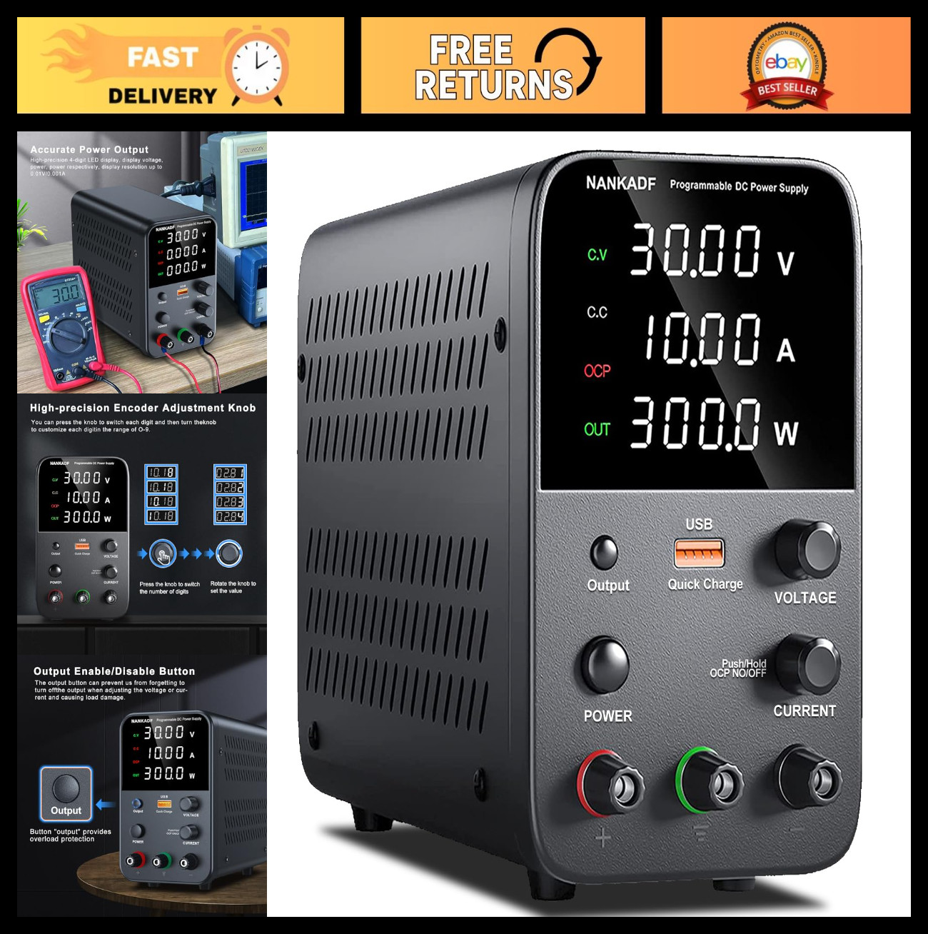 Variable DC Power Supply, Adjustable Bench Power Supply 30V 10A, USB Quick Charg