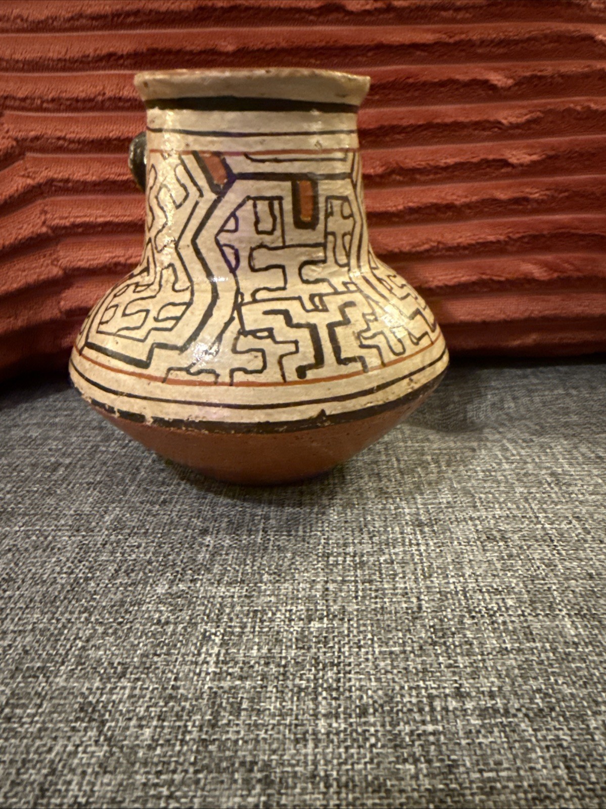 Vintage Peruvian Shipibo Conibo Hand Made Painted Face Clay Pottery Jug Peru 5.5
