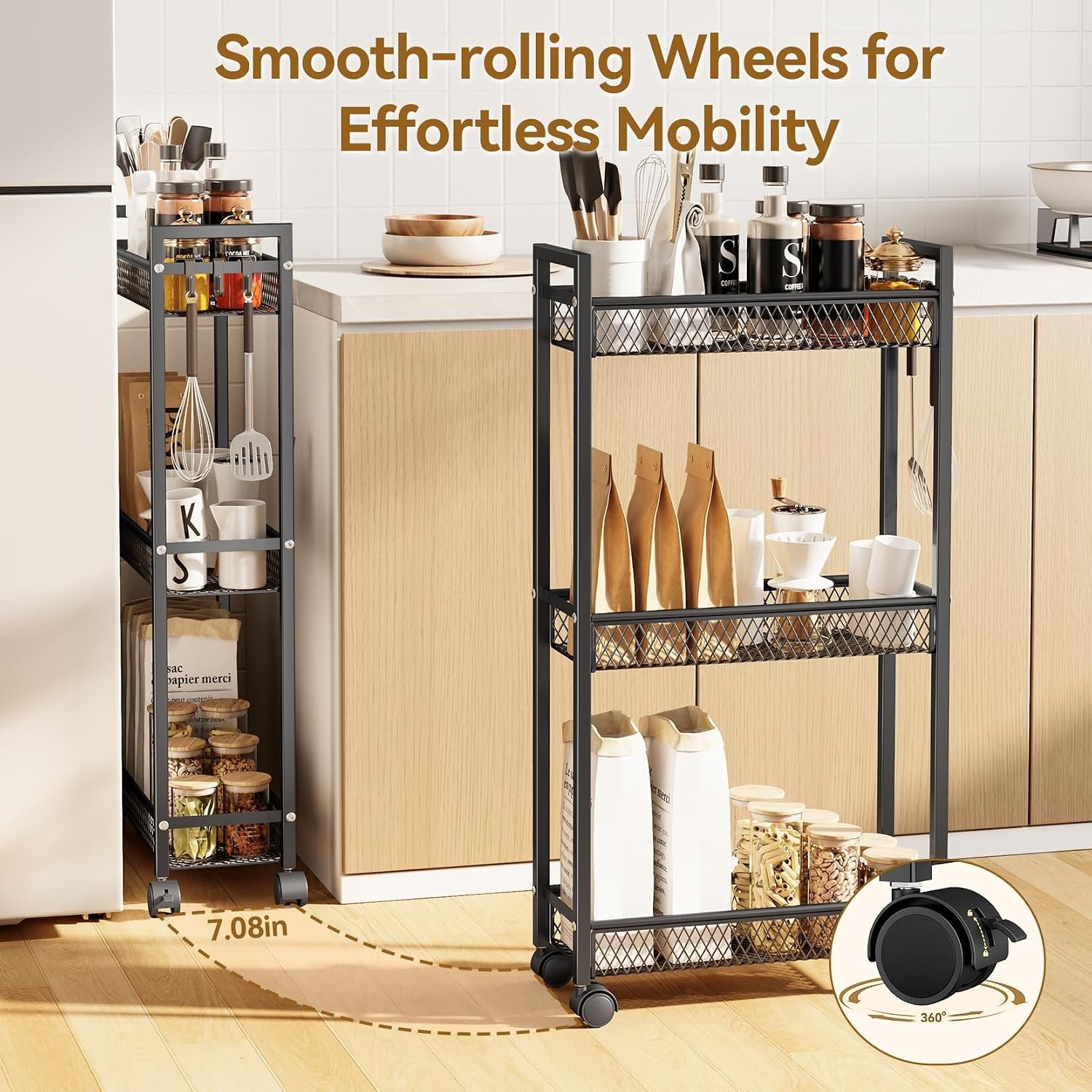 Slim 3-Tier Metal Rolling Cart, Black - Kitchen/Bath/Laundry Storage