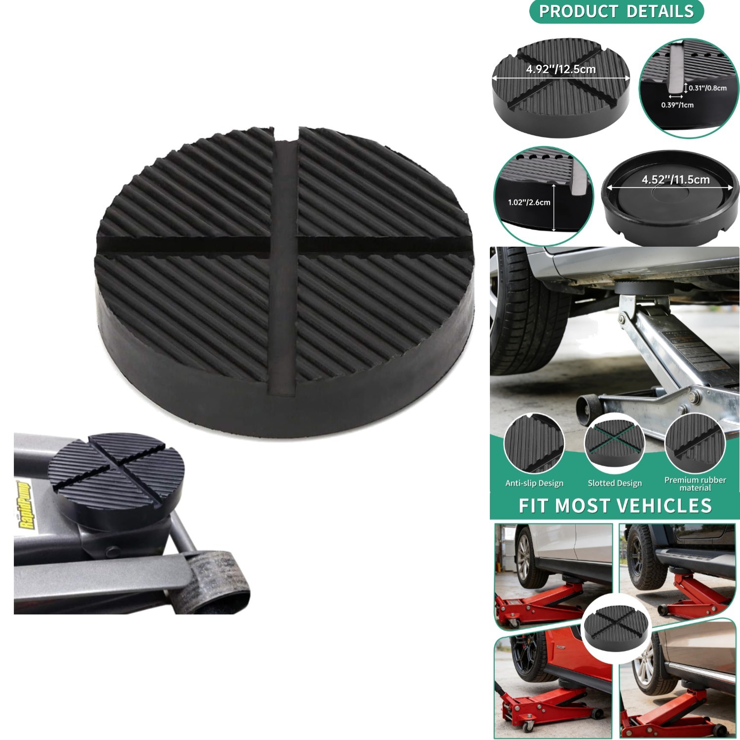 Heavy Duty Rubber Floor Jack Pad Adapter Slotted Pinch Weld Frame Rail Protector