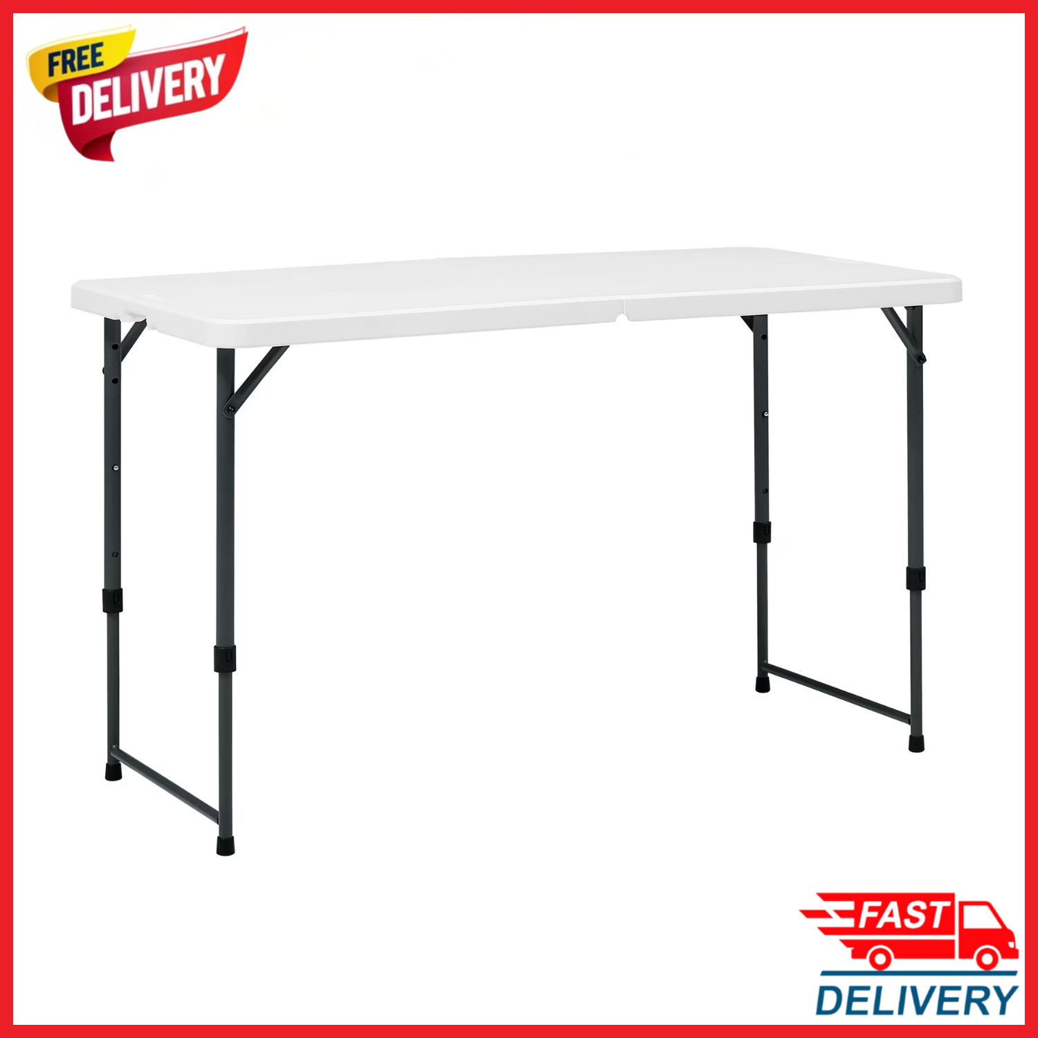 Mainstays 4FT Folding Table Adjustable Height Indoor Outdoor Carry Handle White