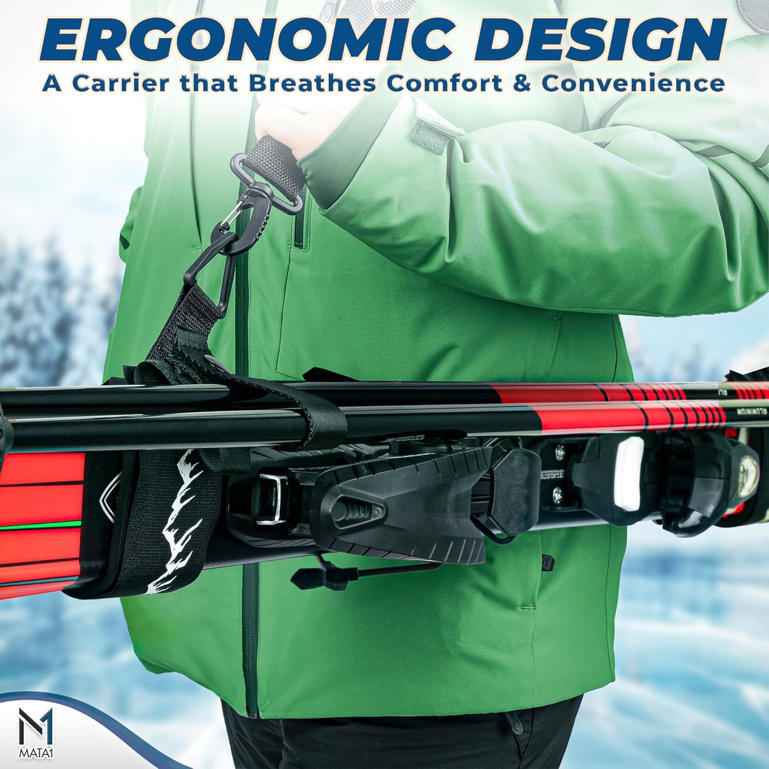 Ski Strap & Pole Carrier - Black - Adjustable Shoulder Strap to Carry Skis & Pol
