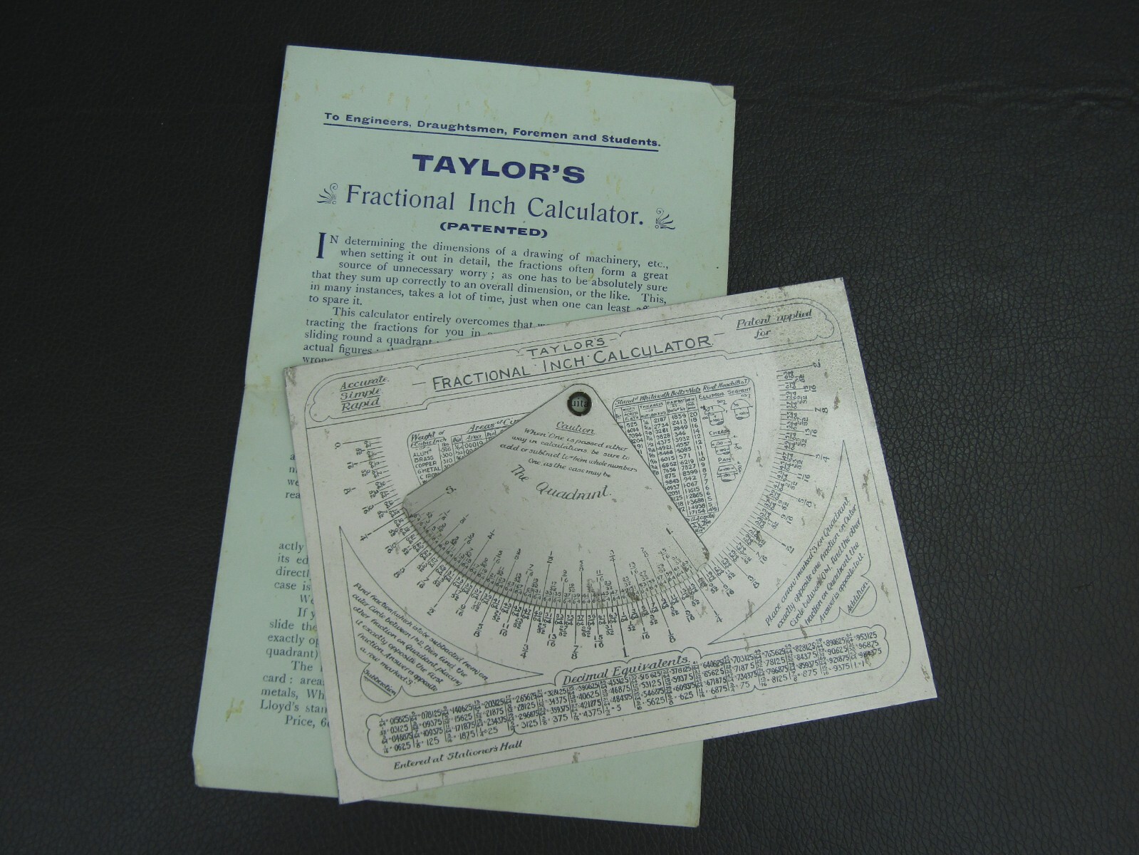 Vintage unusual aluminium Fractional Inch Calculator tool by Taylor's