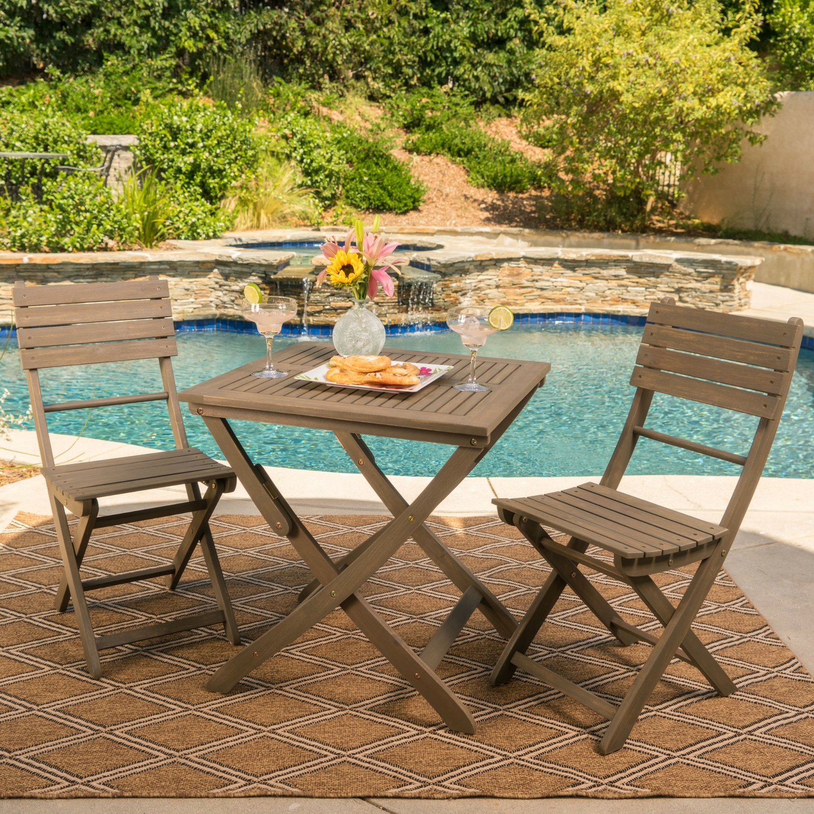 Versaille Outdoor 3 Piece Foldable Grey Finished Acacia Wood Bistro Set