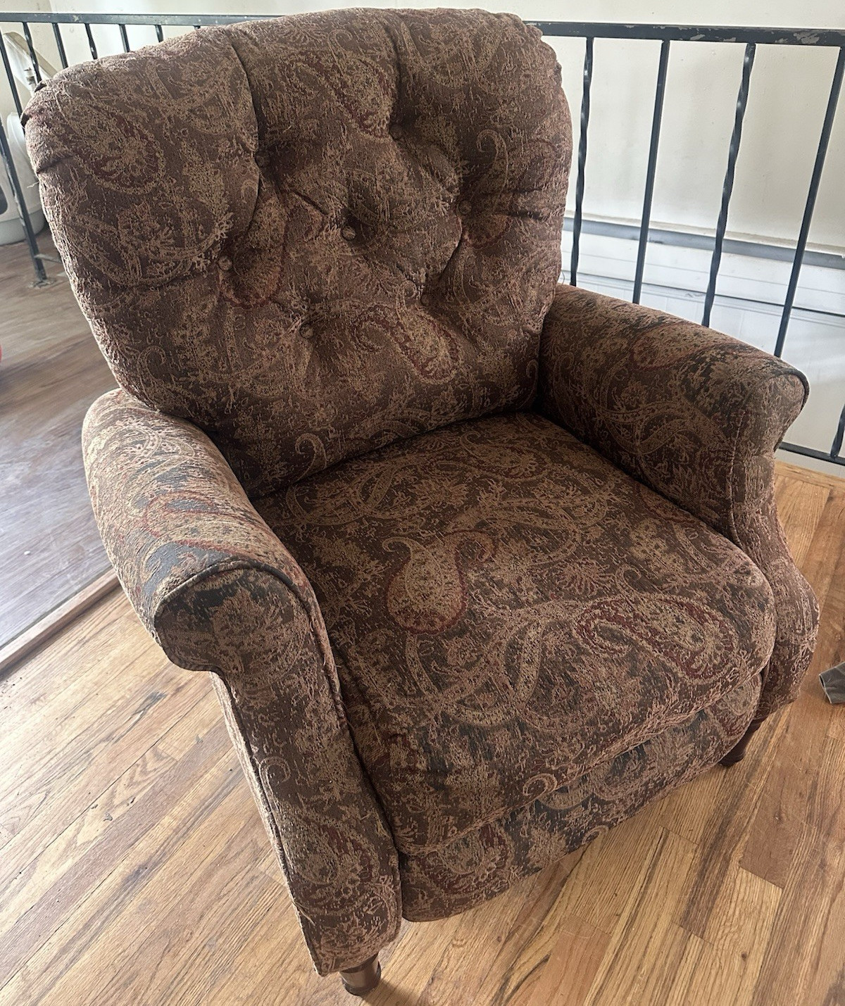 Brown Paisley Fabric Recliner Armchair, High Back, Pad Arms w/ Ottoman