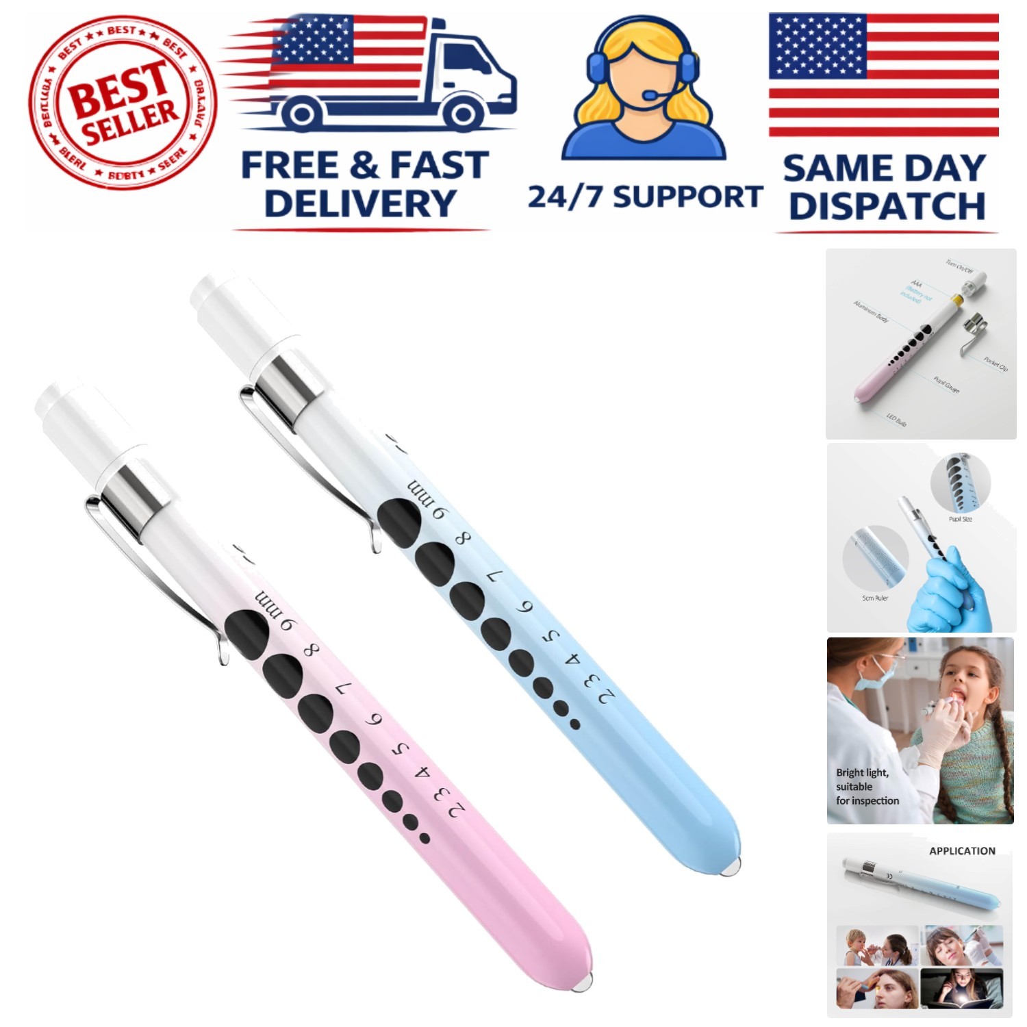 2 Pcs LED Penlights with Pupil Gauge - Durable Aluminum, Gradient Pink & Blue