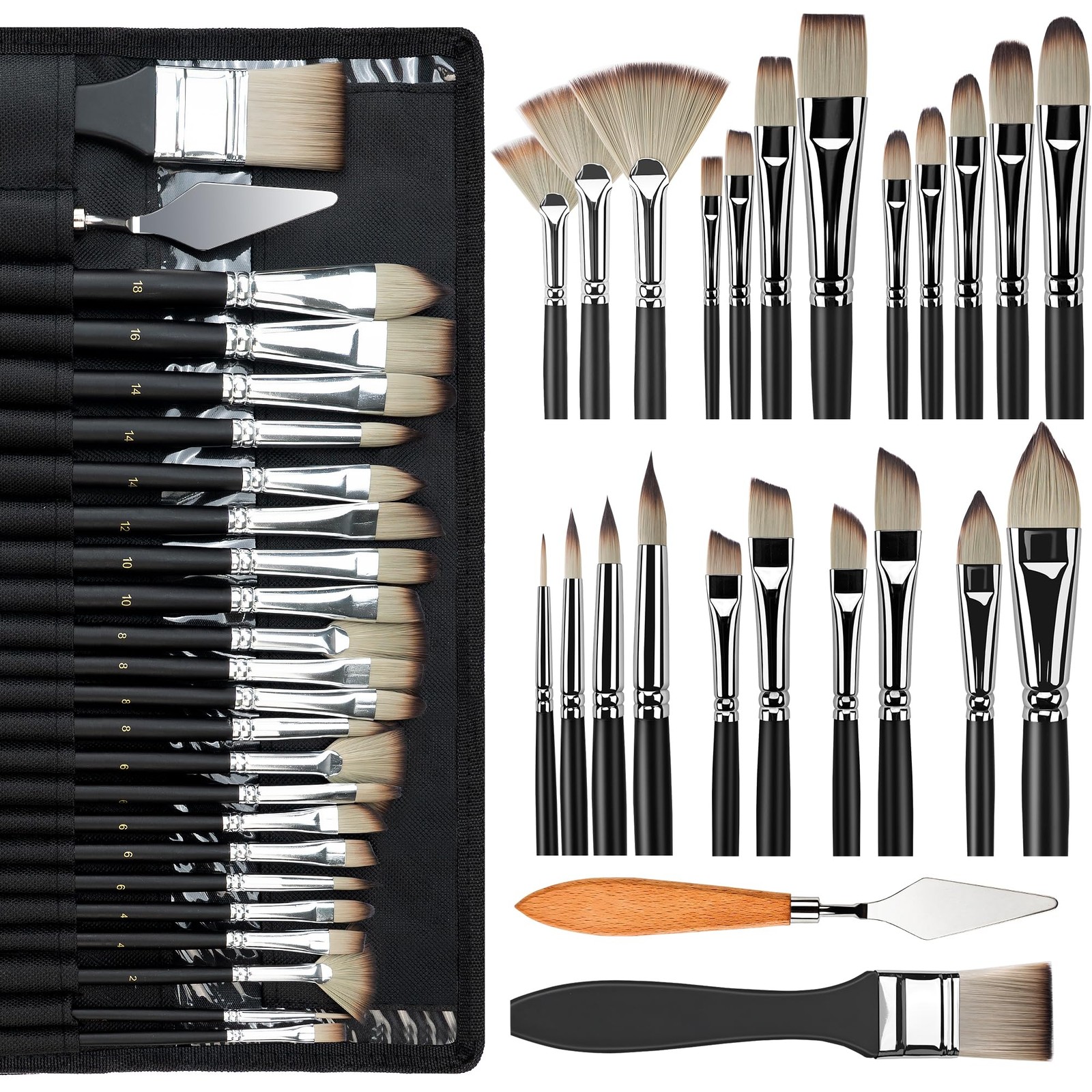 Bougimal 25-Piece Professional Paint Brush Set, Perfect for Acrylic, Oil, Wat...
