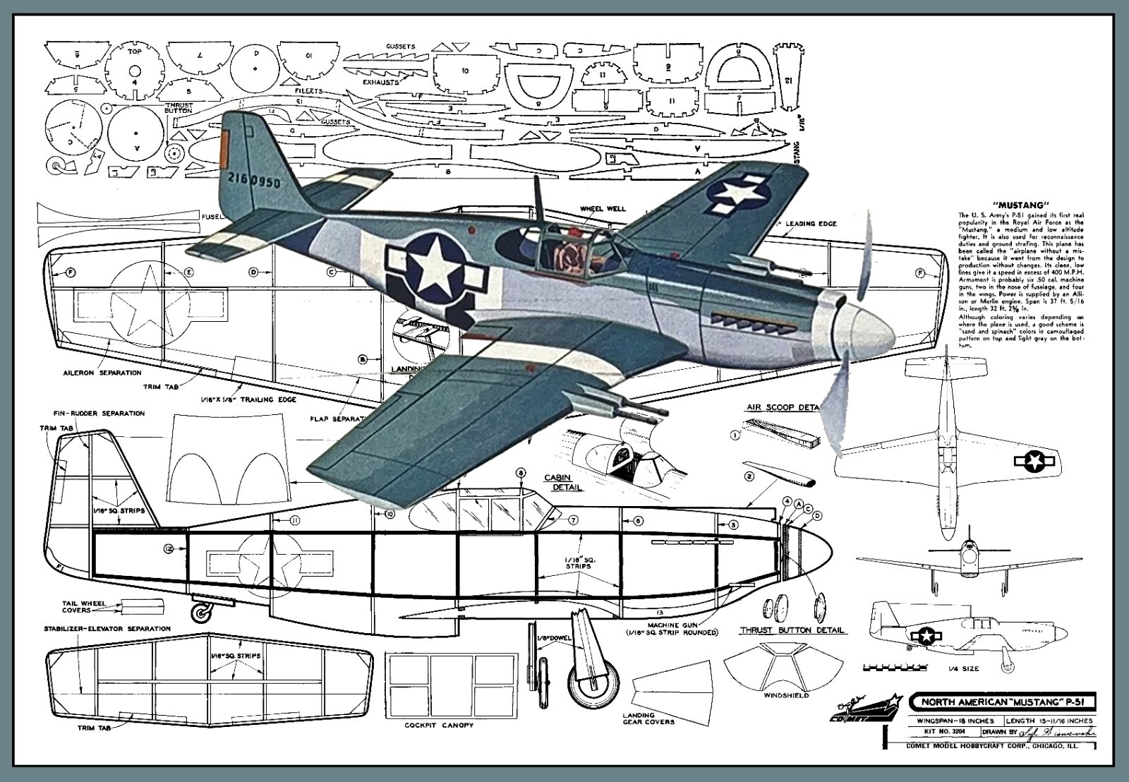 Comet Model Airplane Plans (FF): N.A. Mustang P-51 18" Scale Rubber-Powered
