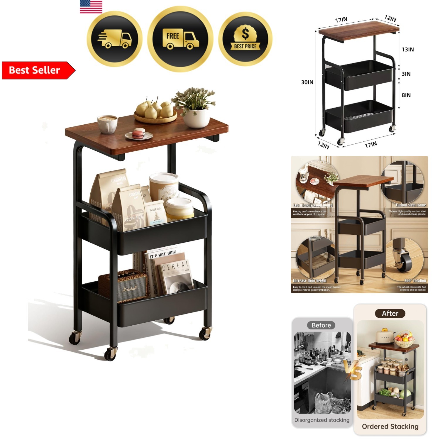Metal Rolling Utility Cart Organizer with Walnut Top 3 Tiers Lockable Wheels