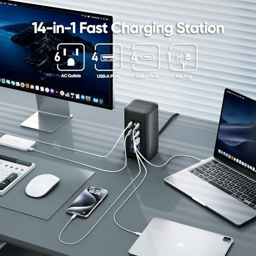 Power Strip Tower, 230W Charging Station with Multiple Devices 5FT Black/Blue
