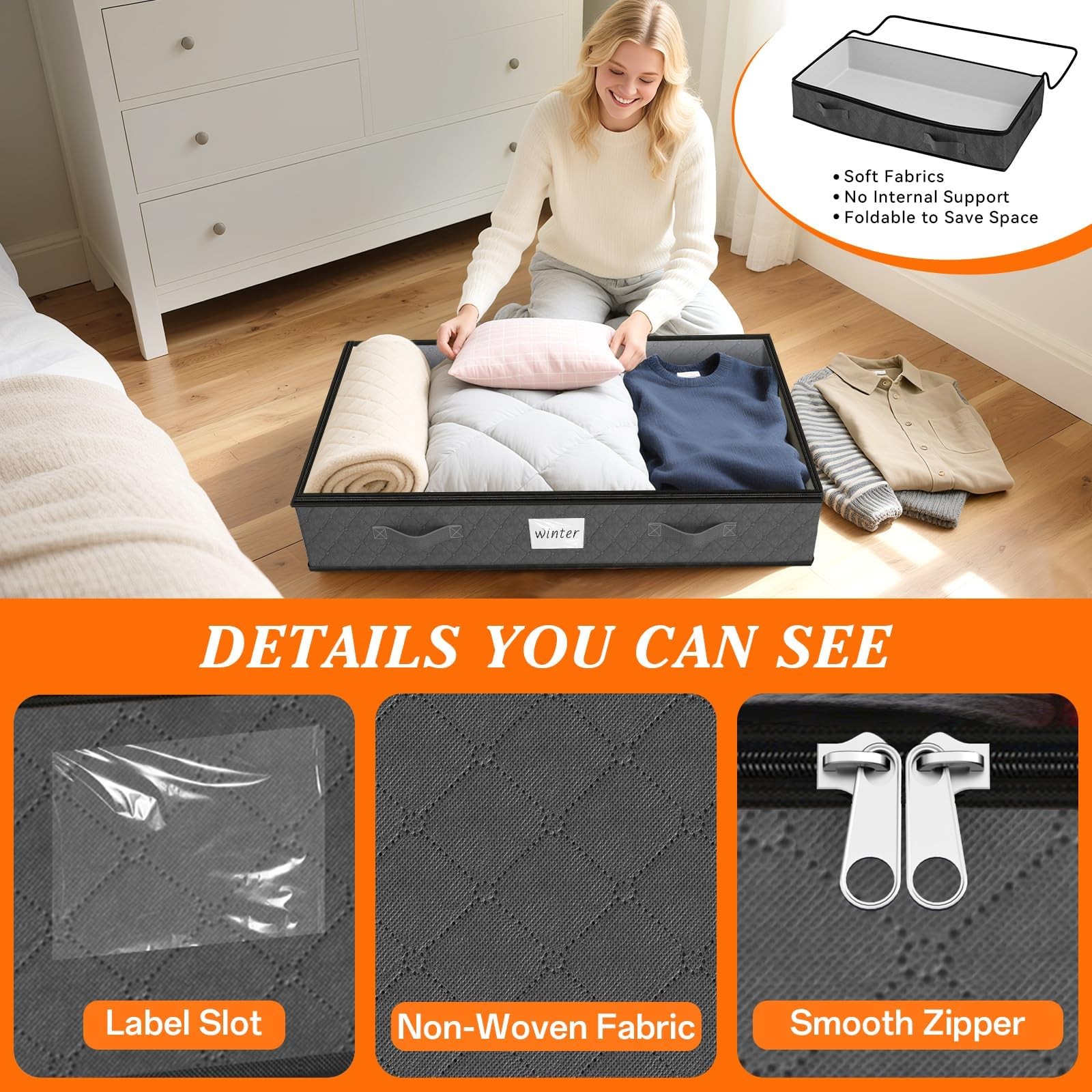 90L Under Bed Storage Containers, 2-Pack Storage Bins with Clear Top, Foldabl...