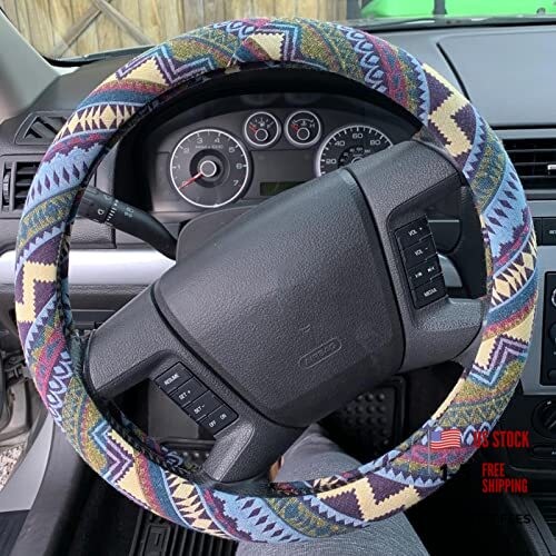 Boho Steering Wheel Cover for Women Men Baja Boho-Beige and Blue Ripples