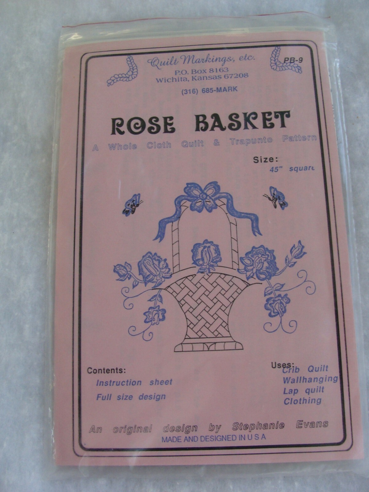 VTG NEW Rose Basket Quilt Trapunto Pattern 1985 PB-9 Stephanie Evans 45” Square