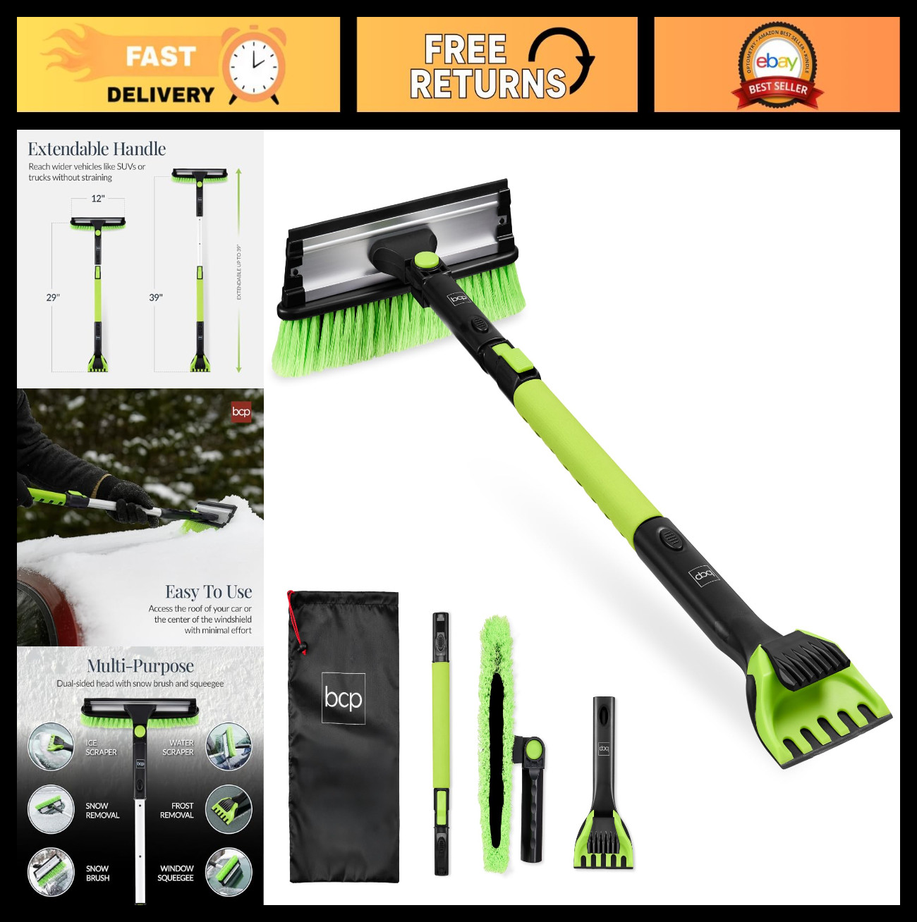 Extendable Snow Brush with Squeegee & Ice Scraper, 39" Foam Grip, 270° Pivoting