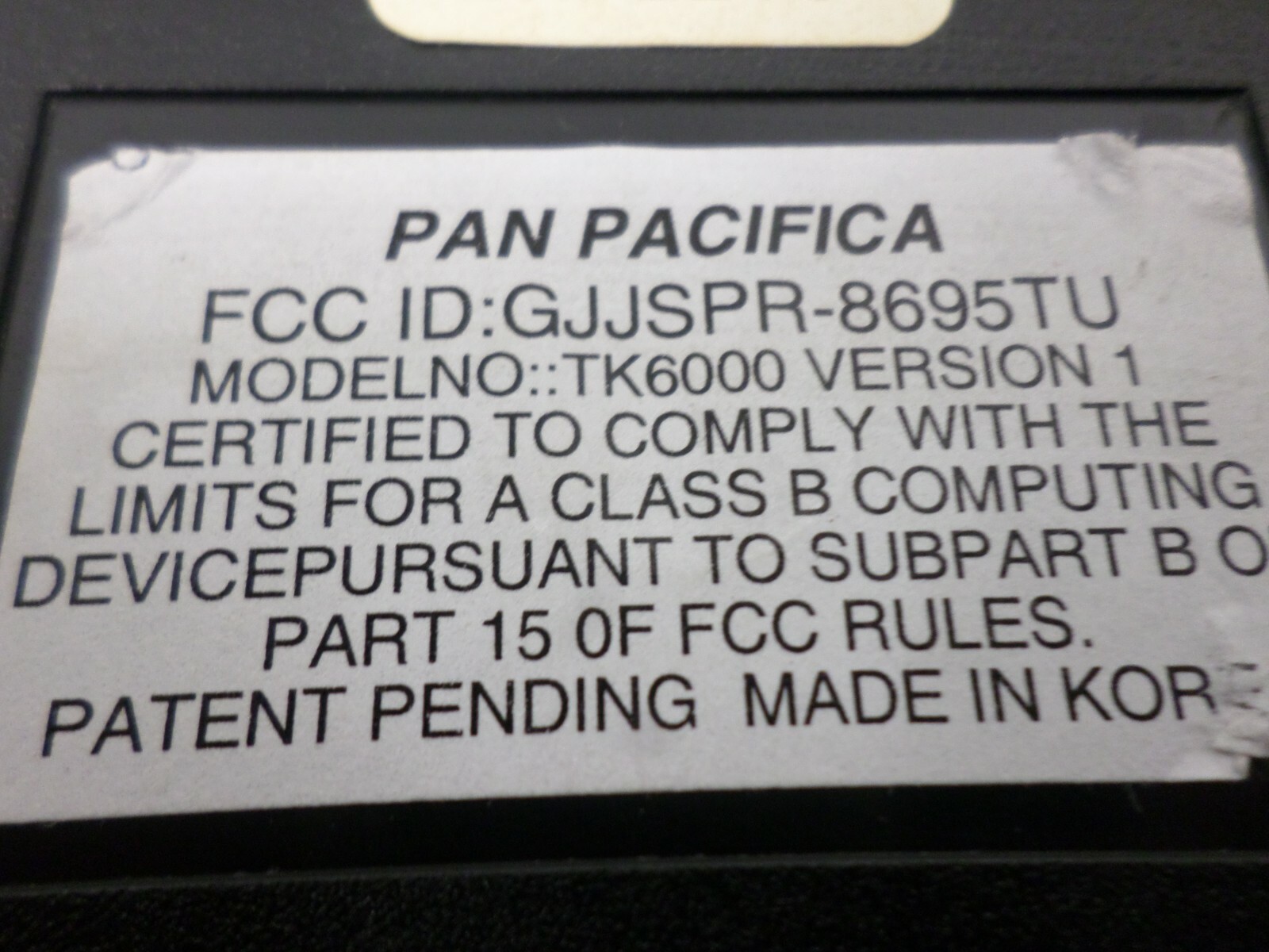 Pan Pacifica GJJSPR-8695TU Model TK6000 Version 1 Keyboard
