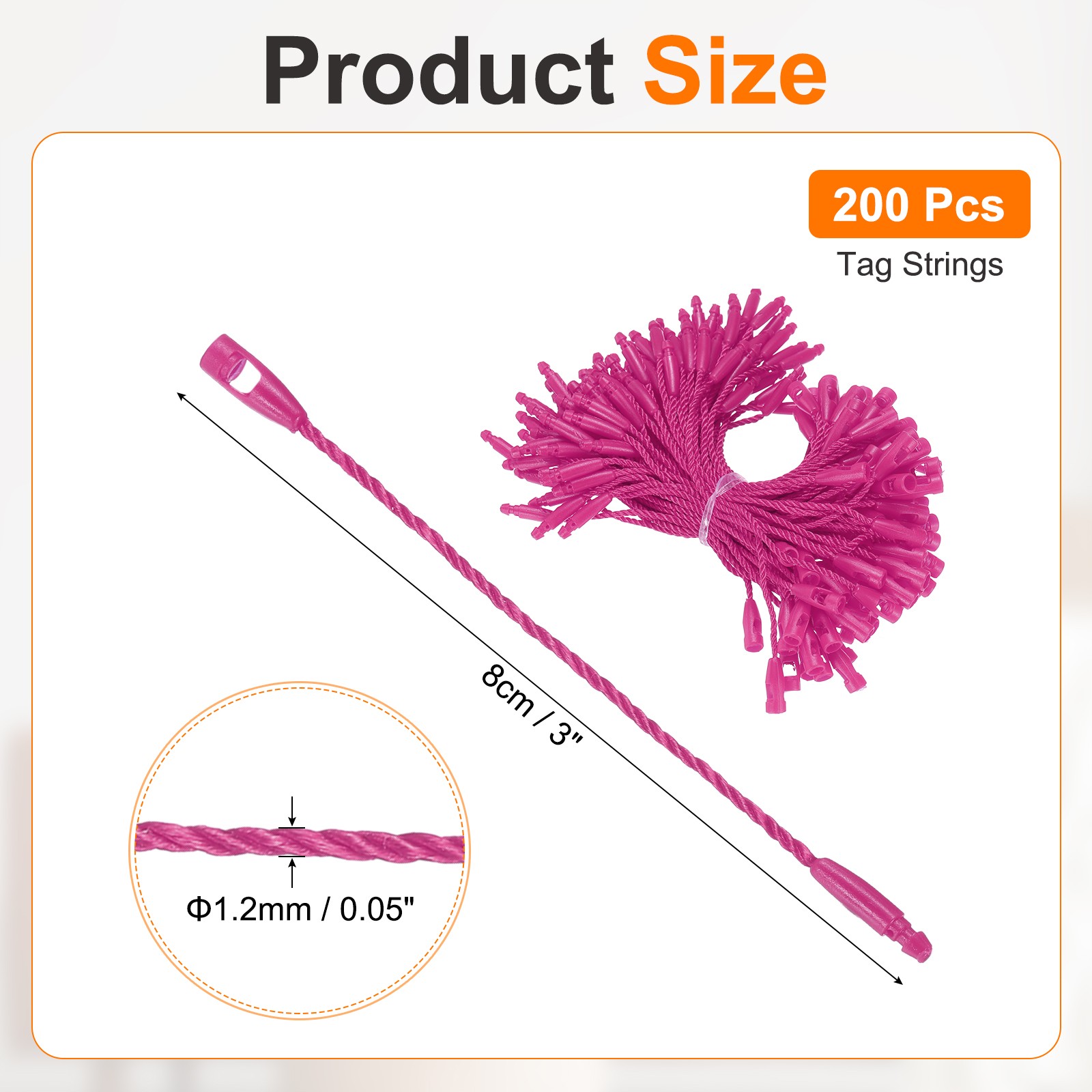 200 Pcs Polyester Hang Tag String 3" Snap Lock Pins Loop Fastener, Rose Red