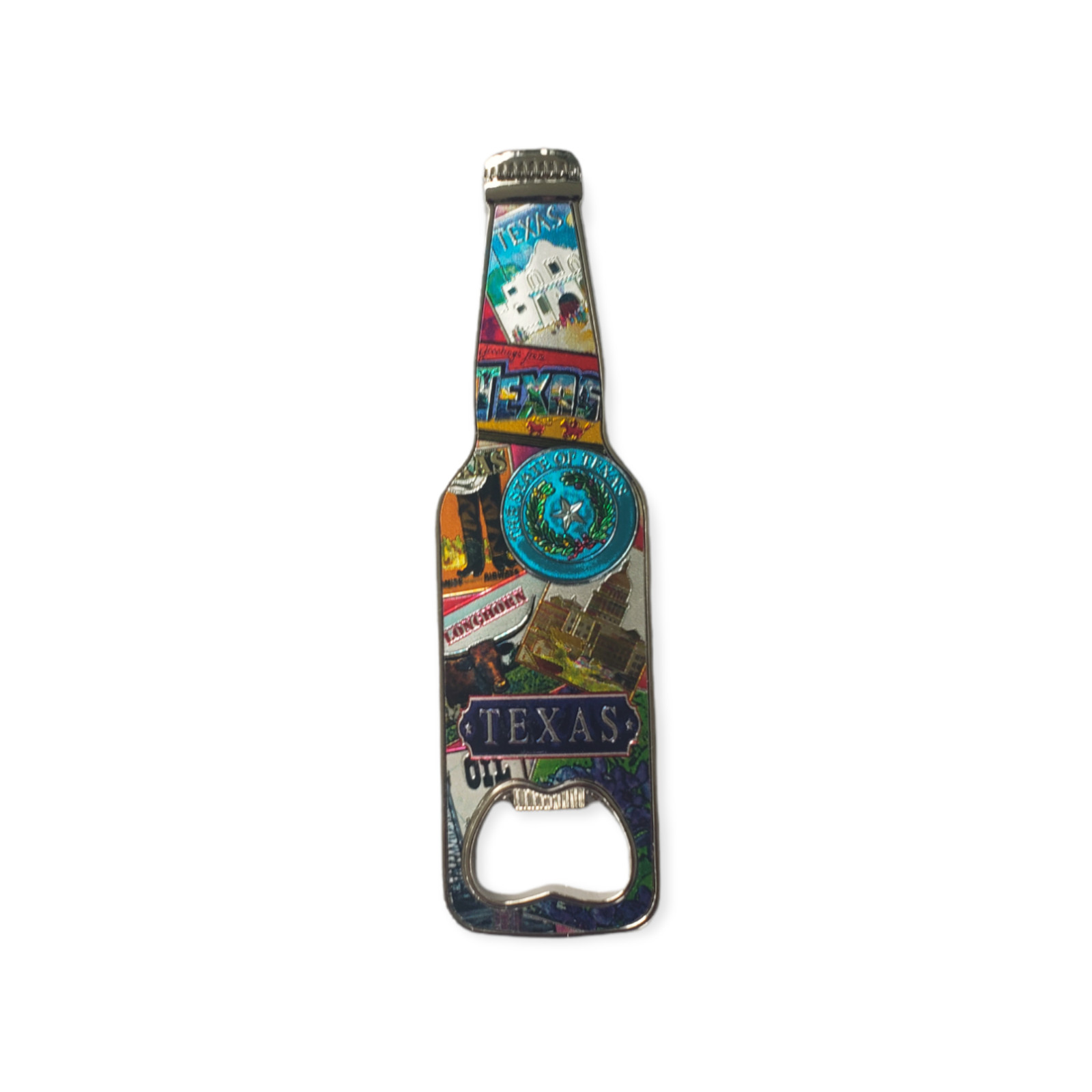 State of Texas Landmarks Beer Bottle Shape Opener Enamel Fridge Magnet