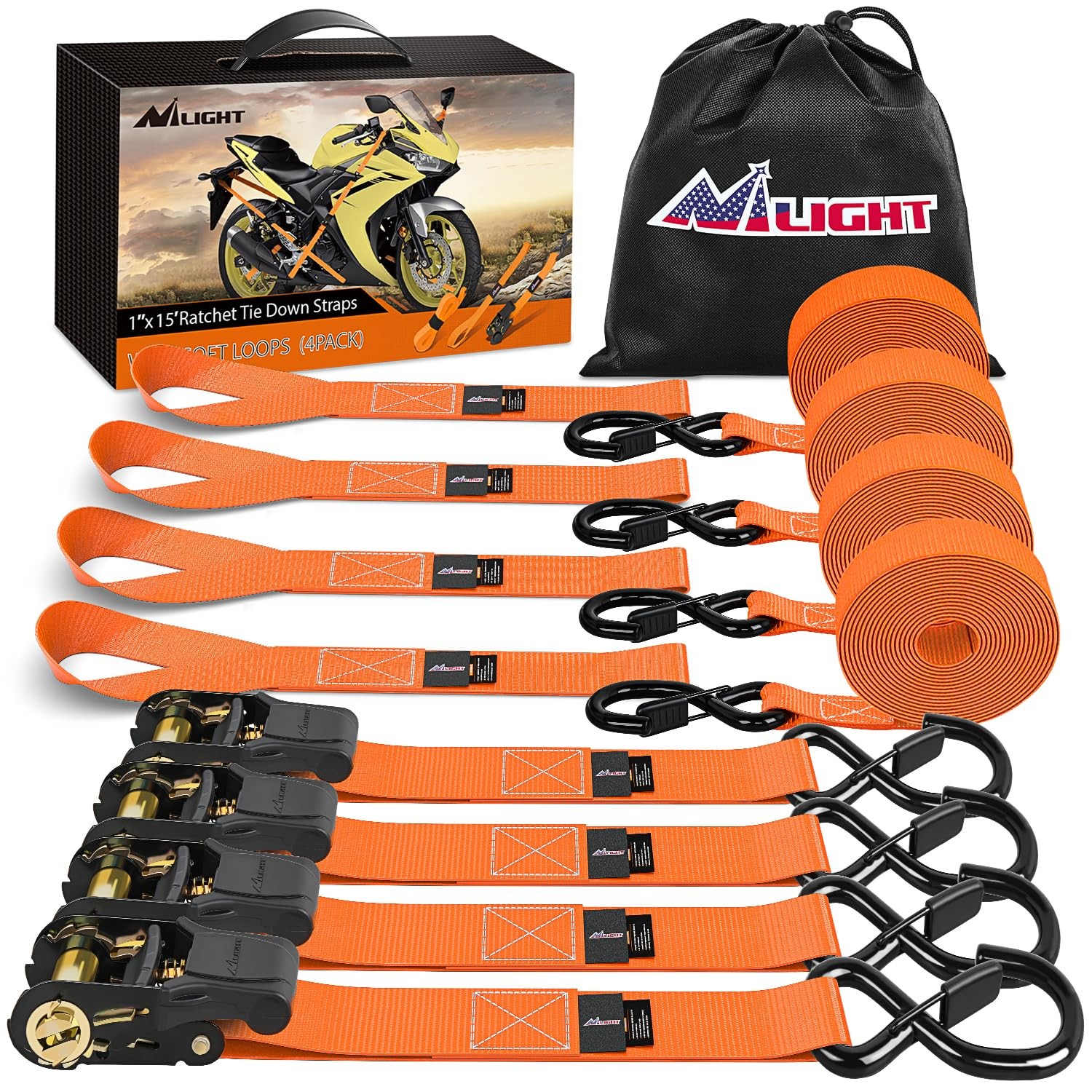 Nilight Ratchet Tie Down Straps Straps, 1in x 15ft 4Pcs