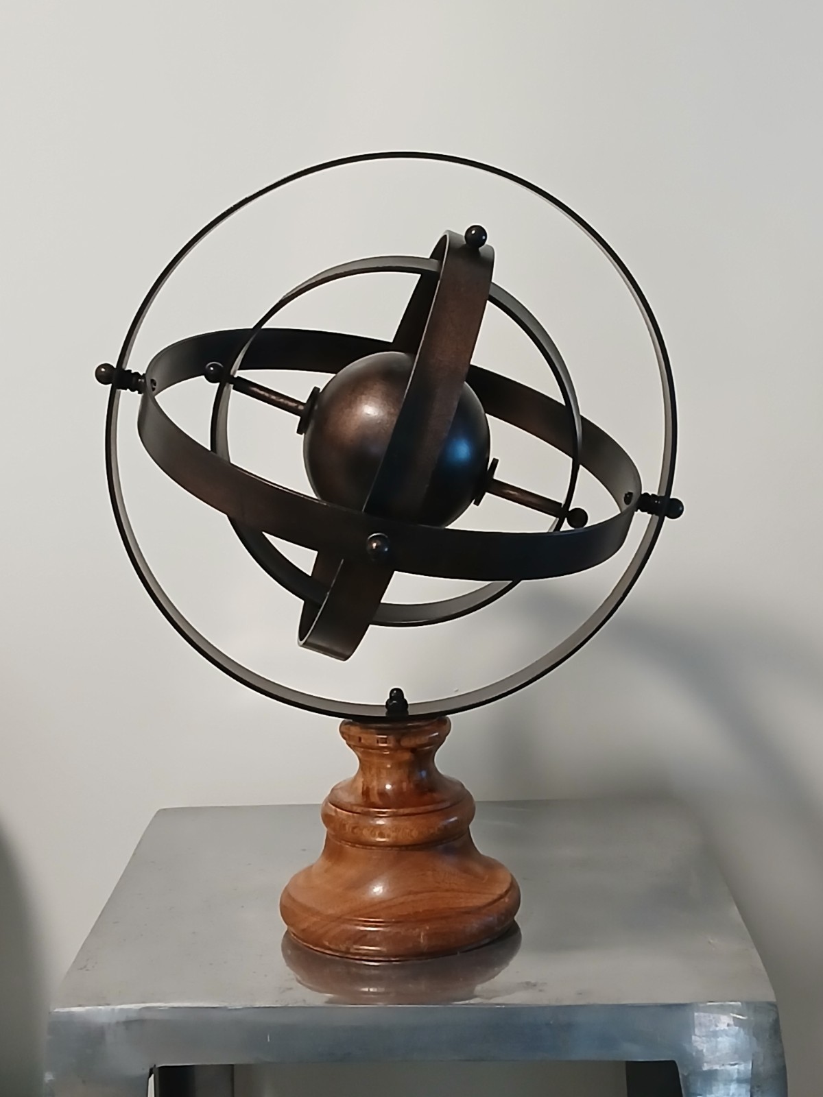 Metal Armillary Sphere Decorative Rotating Globe On Wooden Stand Pre-owned