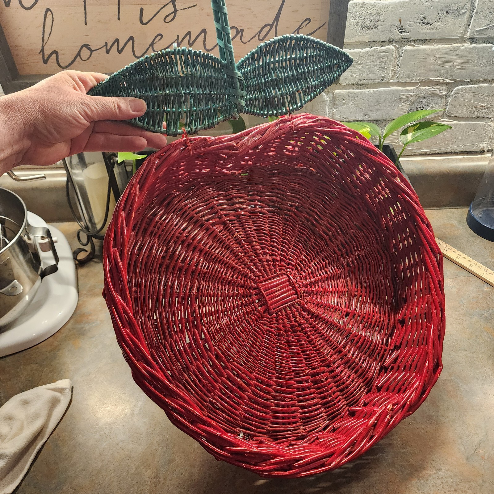 Vintage Red Wicker Apple Shaped Large Basket With Green Stem, Serving