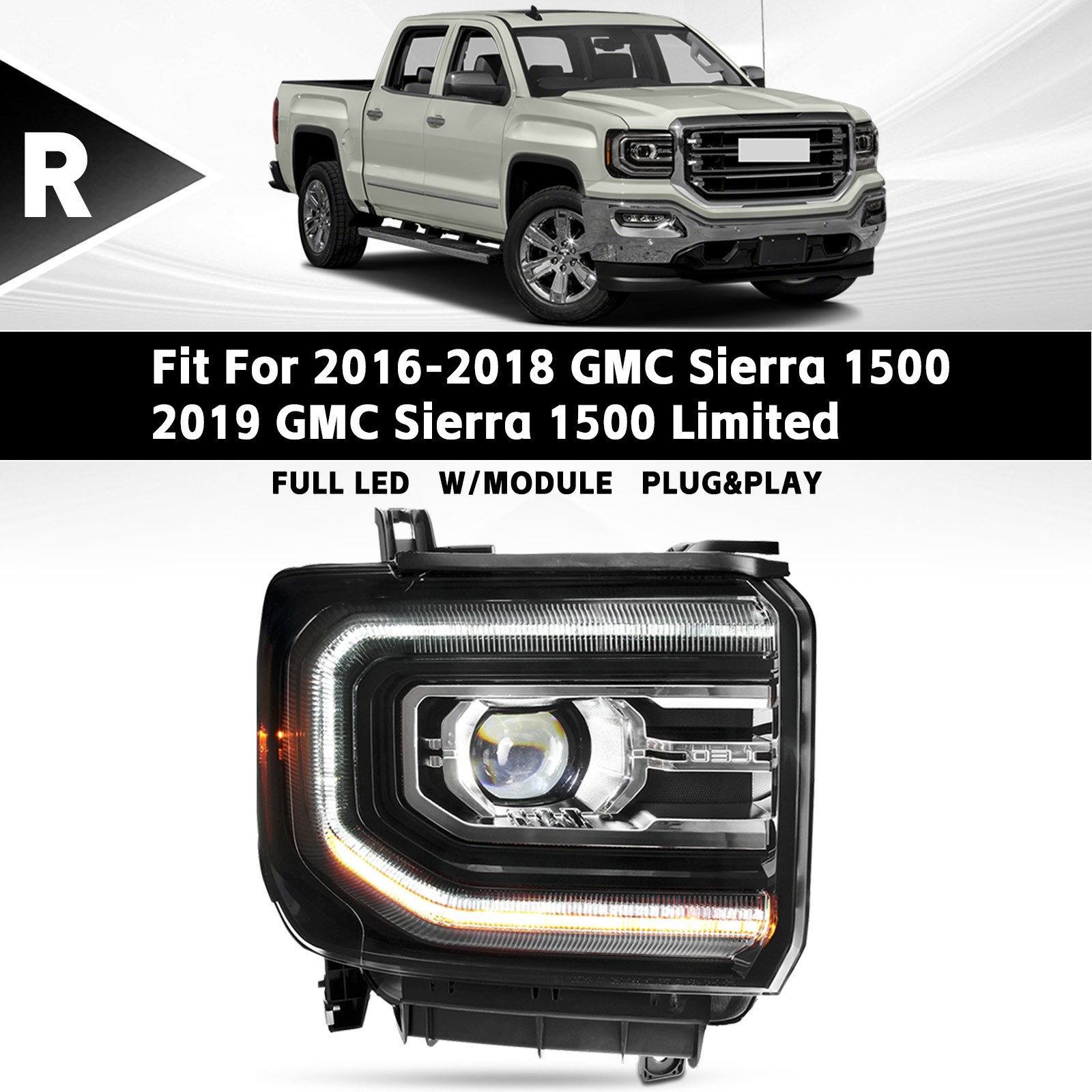 For 2016-2018 GMC Sierra 1500 & 2019 Limited Full LED Headlight Right Passenger