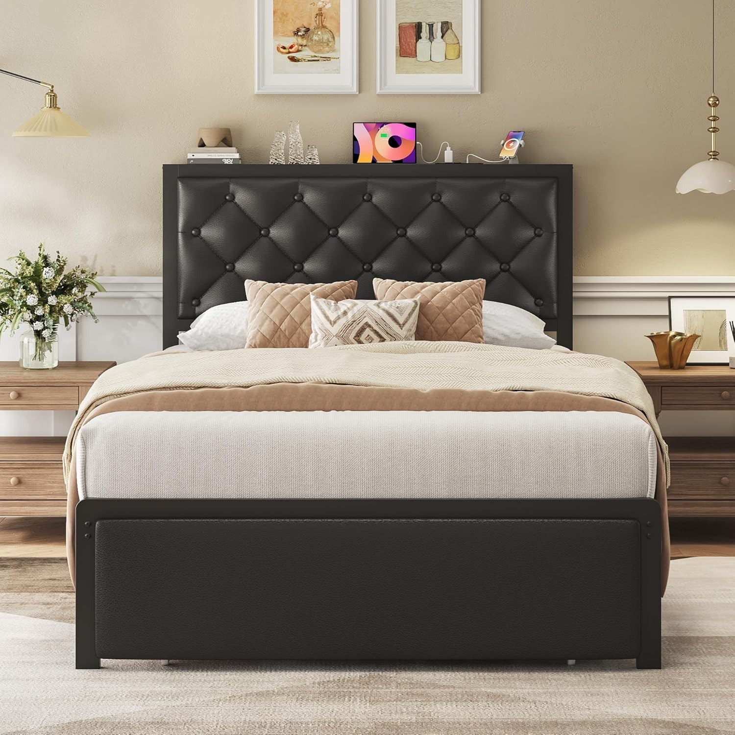 Twin Button Tufted Bed Frame Storage Drawer Upholstered Headboard Charging