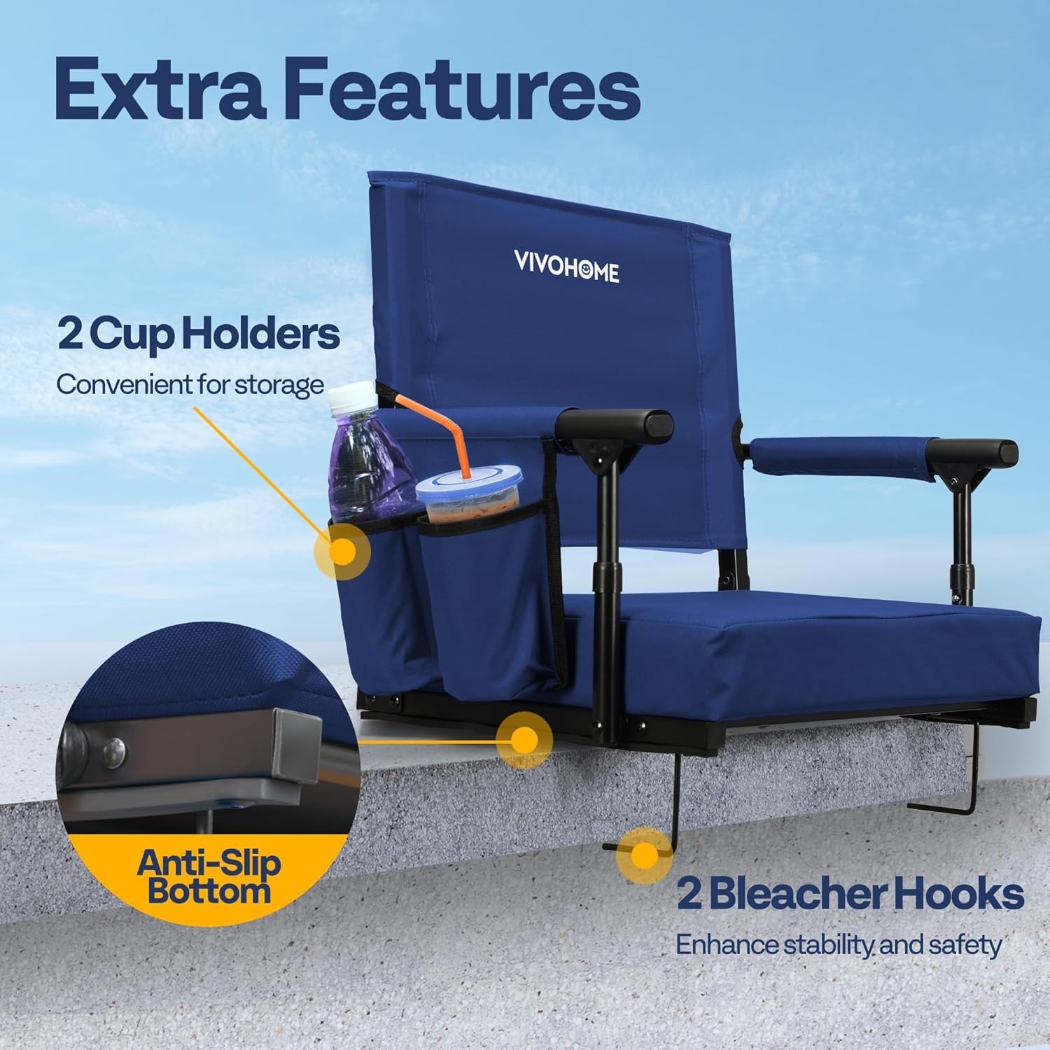 Comfortable Navy Blue Bleacher Chair with Adjustable Shoulder Strap & Cup Holder