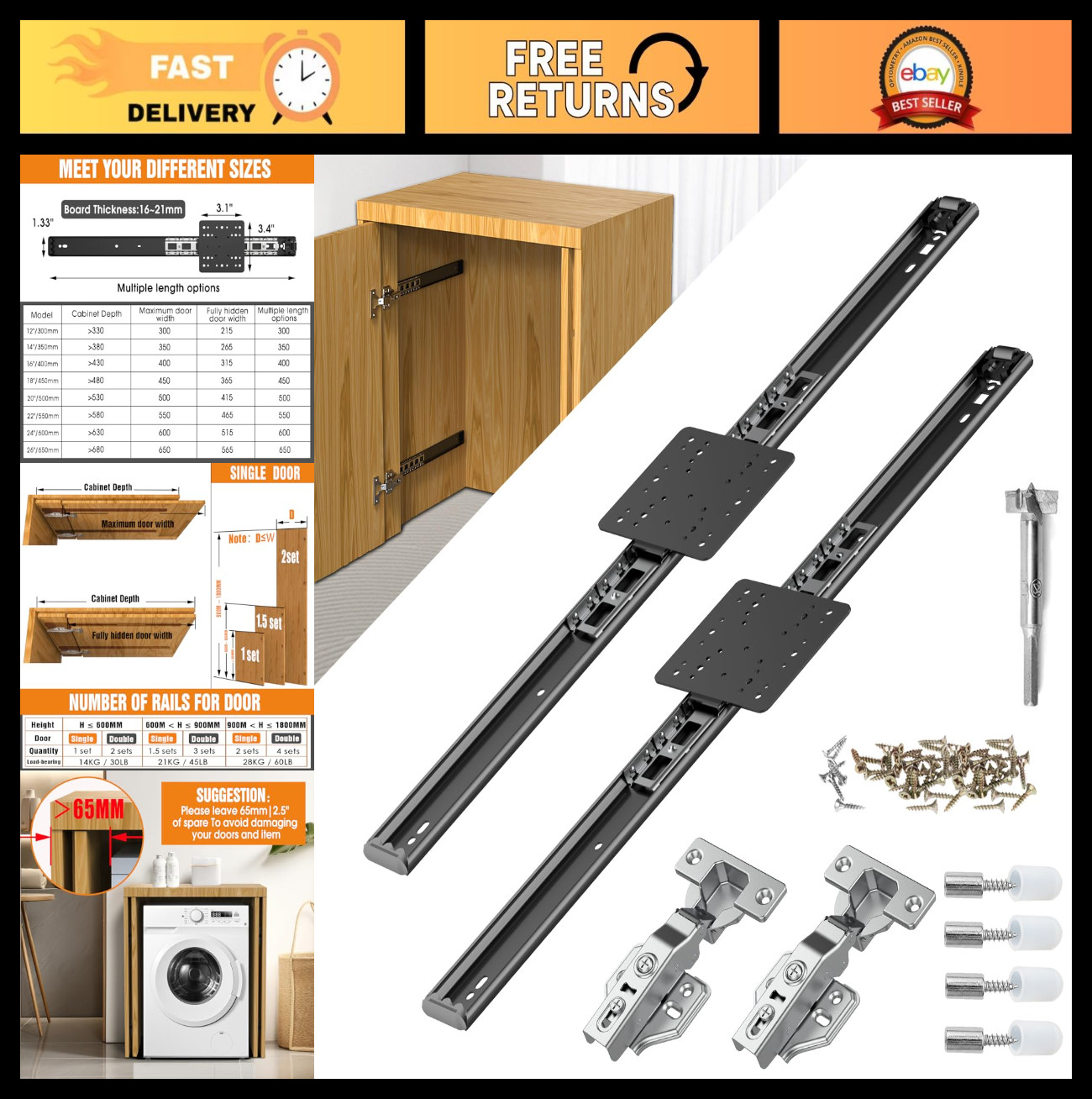 22" Pocket Door Slides - 2 PCS Hardware for Inset & Cabinet Doors, Hidden Hinges