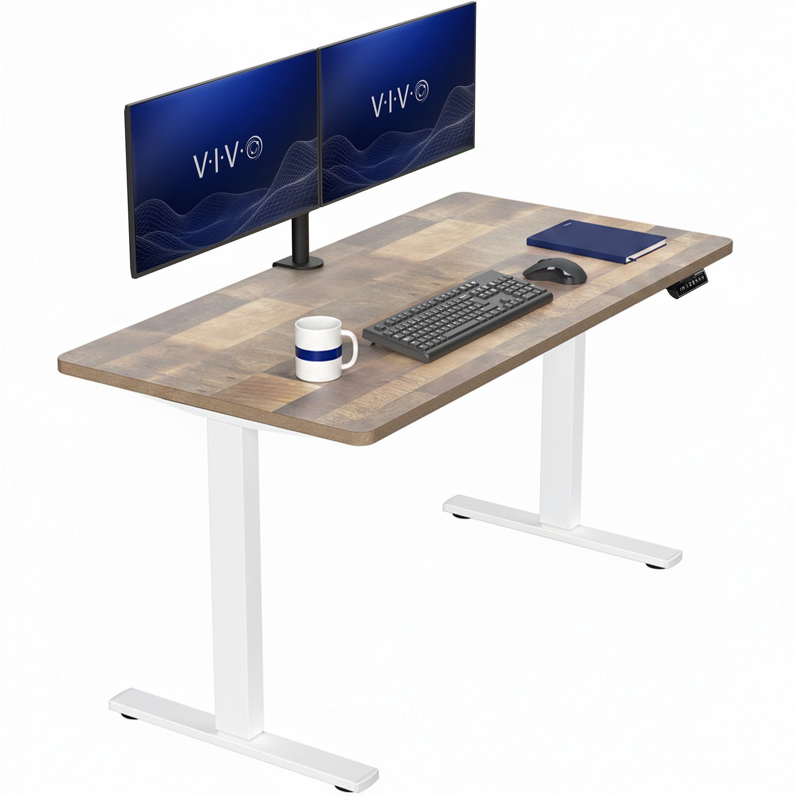 VIVO Electric 55” x 28” Stand Up Desk, Reclaimed Wood Table Top, White Frame