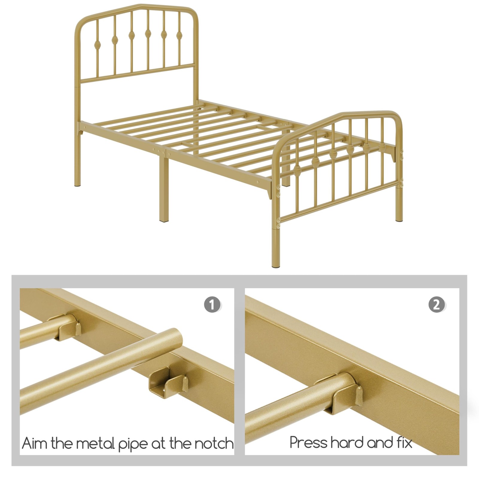 Twin Platform Bed Frame, Victorian Crown Headboard, 450lb Capacity, Antique Gold