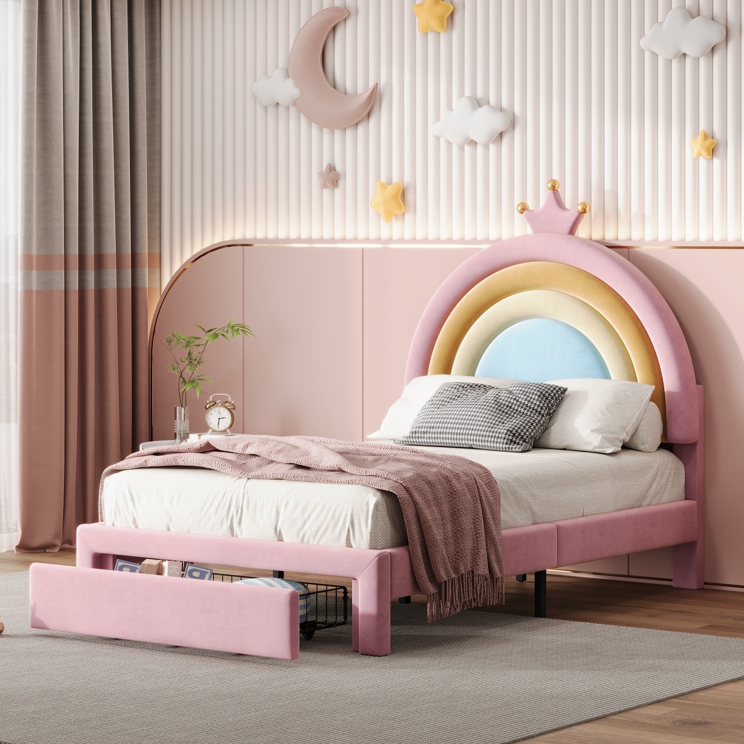 Twin Size Velvet Upholstered Platform Bed Frame w/ Rainbow Headboard & Drawer