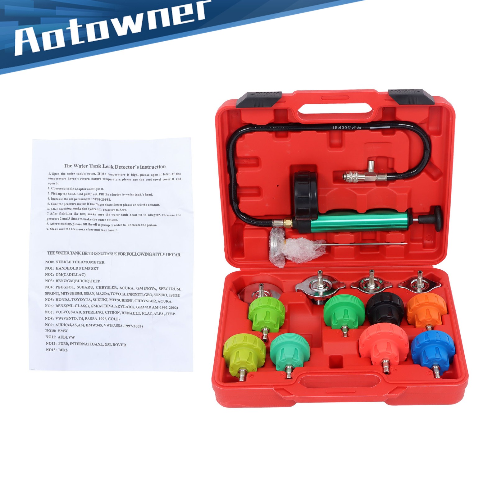 Coolant Radiator Pressure Tester Cooling System Head Gasket Leak Detector 14Pcs