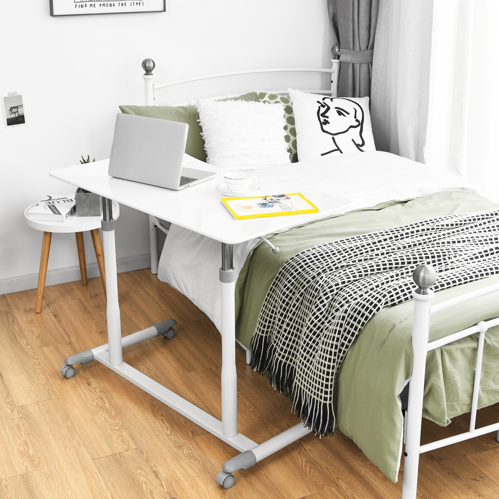 Costway Height Adjustable Computer Desk Sit Stand Rolling Notebook Table White