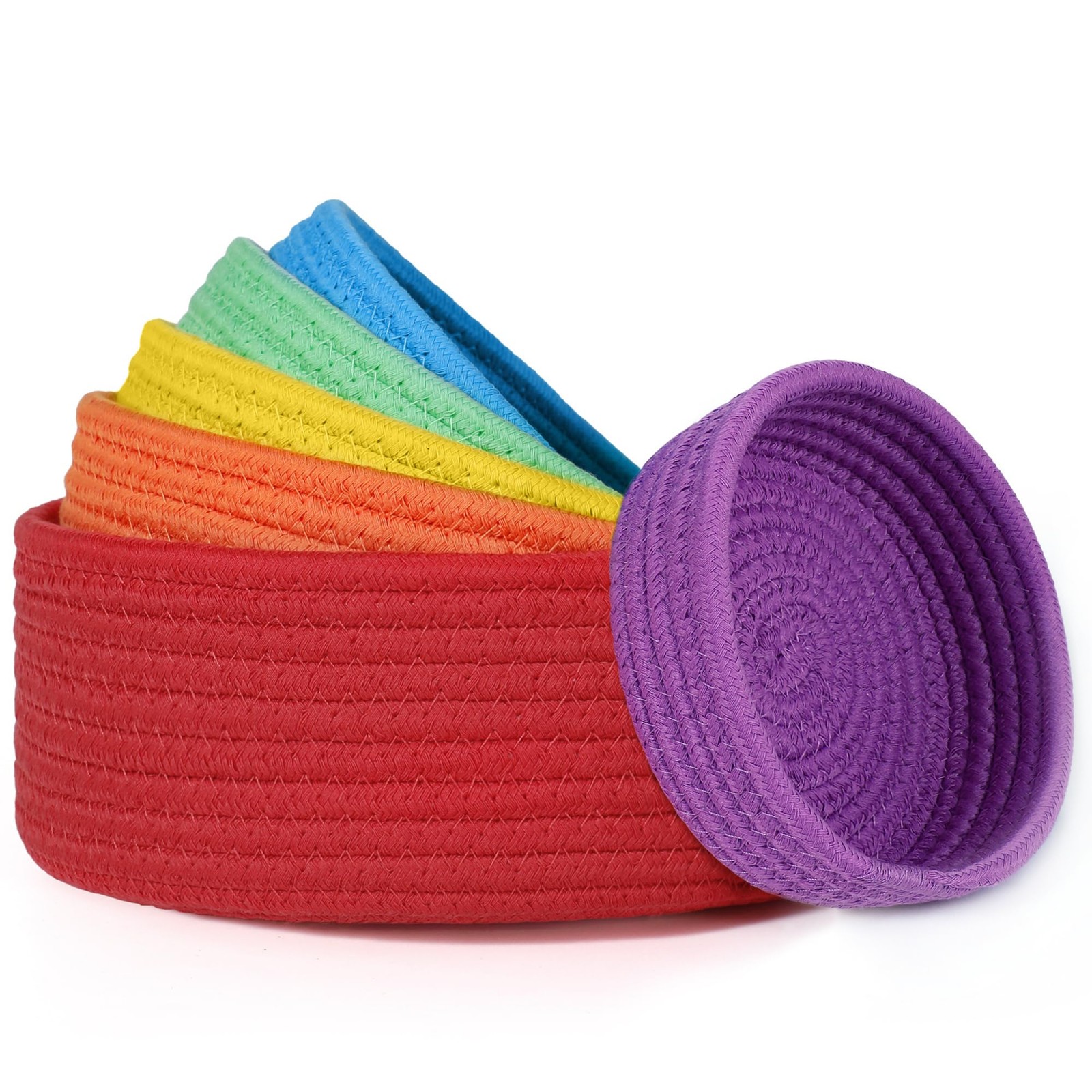 6 PCS Small Storage Baskets Shelves Round Cotton Rope Colorful Decor Rainbow