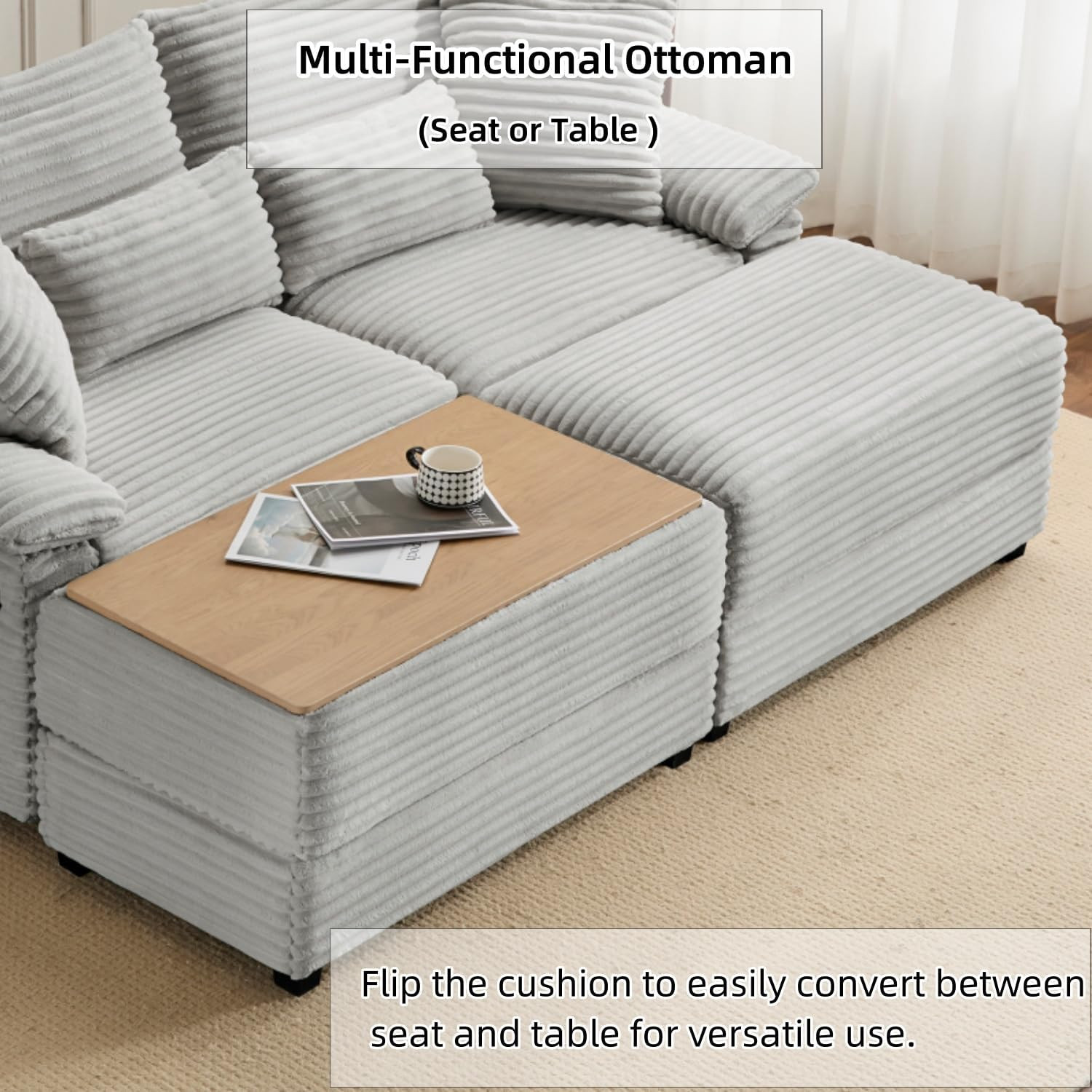Double Lounge Chaise Indoor with Reversible Storage Ottoman/Table, USB Port & Pi
