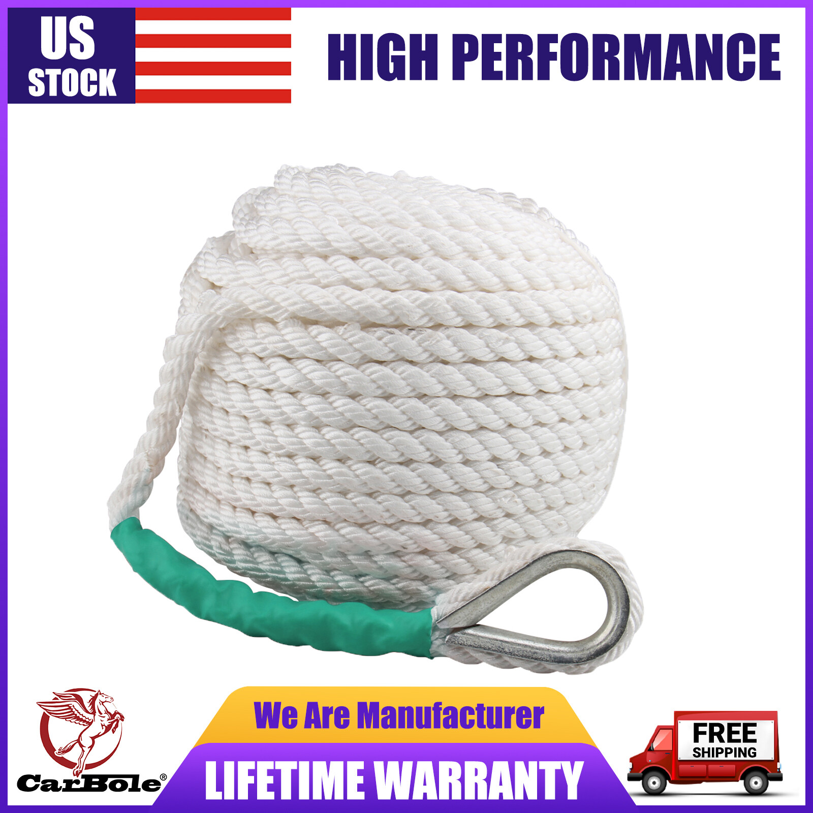 Twisted Three Strand Braid Nylon Rope Anchor Yacht Marine W/ Thimble 1/2"x200FT