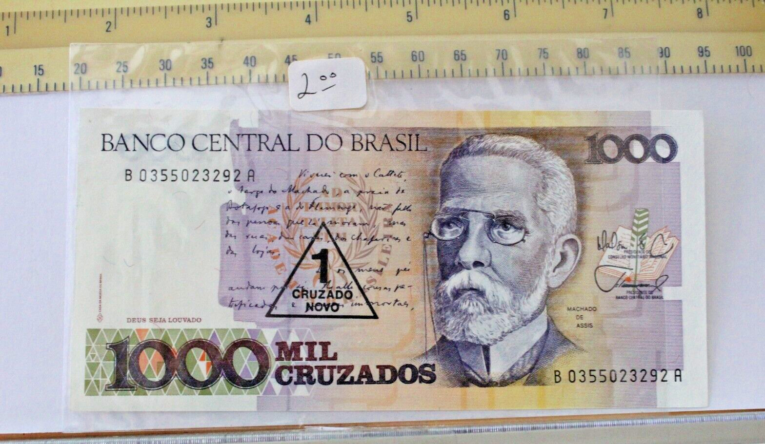 ND Brazil 1 Cruzado Novo stamped on 1000 mil Cruzados banknote B0355023292A