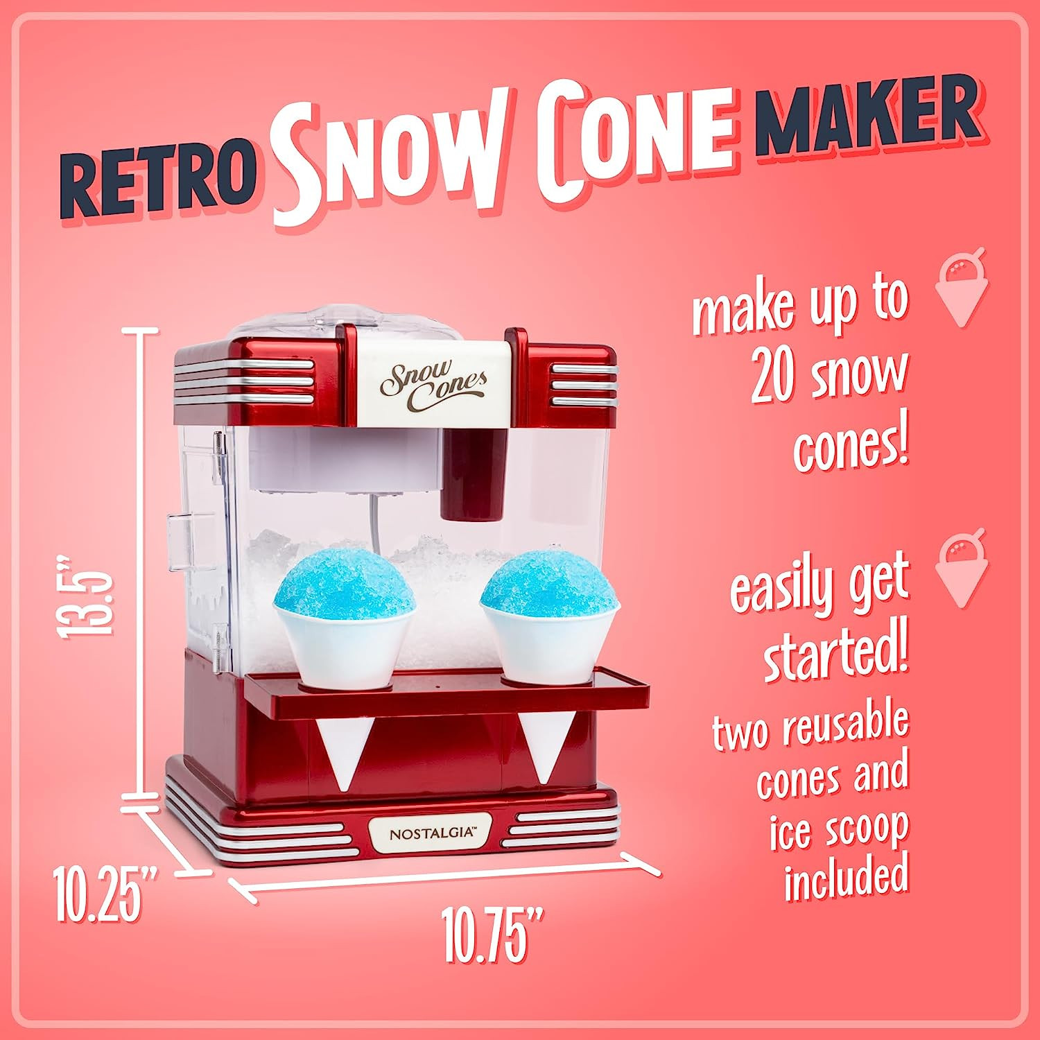 Snow Cone Shaved Ice Machine - Retro Table-Top Slushie Machine Makes 20 Icy Trea