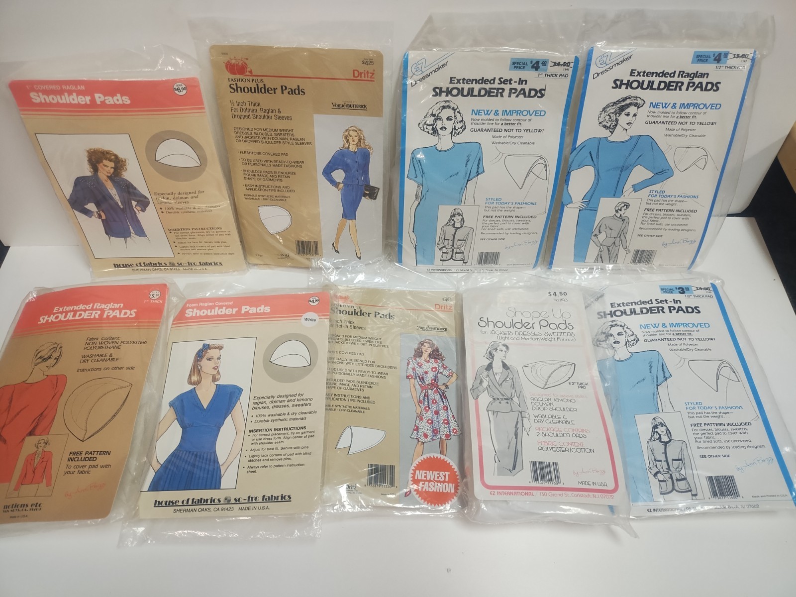 DRESS & JACKET SHOULDER PADS. DRITZ. EZ. LOT OF 9 NEW VINTAGE ASSORTED 1980s 90s