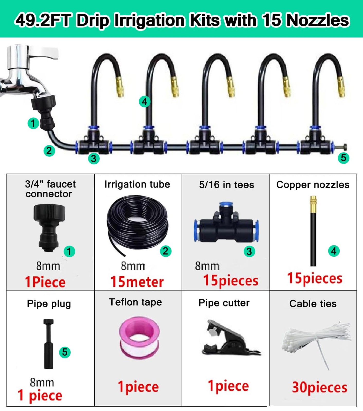 360° Adjustable Drip Irrigation System for Garden, 49FT Greenhouse