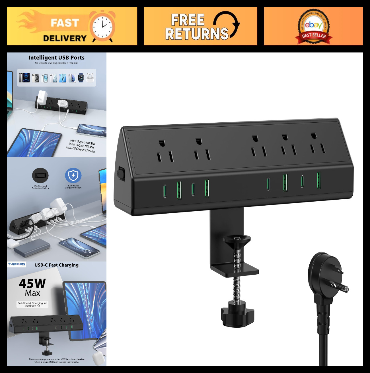 Desk Clamp Power Strip with 8 USB Ports, 10FT Cable, 45W USB-C, Edge Mount, 15A
