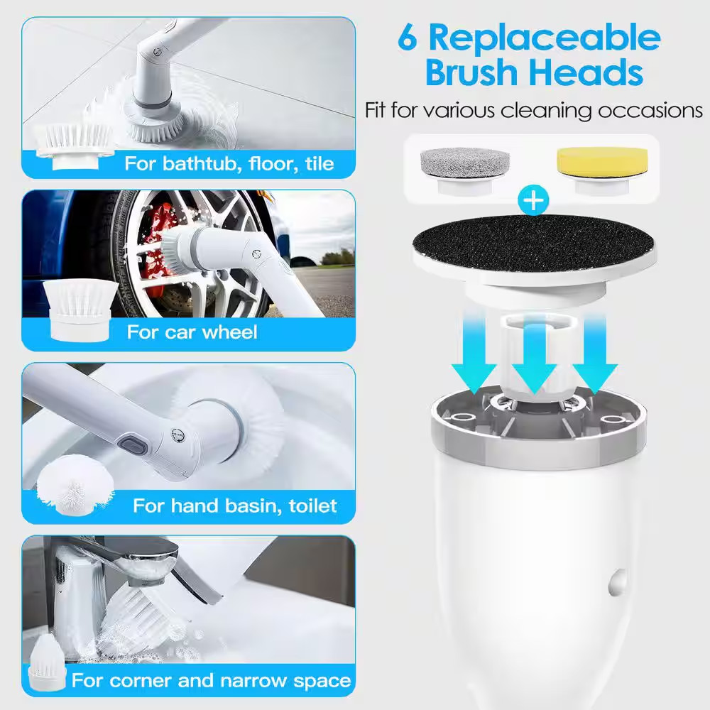 Electric Spin Scrubber, 6-Replaceable Brush Heads, 2-Speed Adjustable Extension