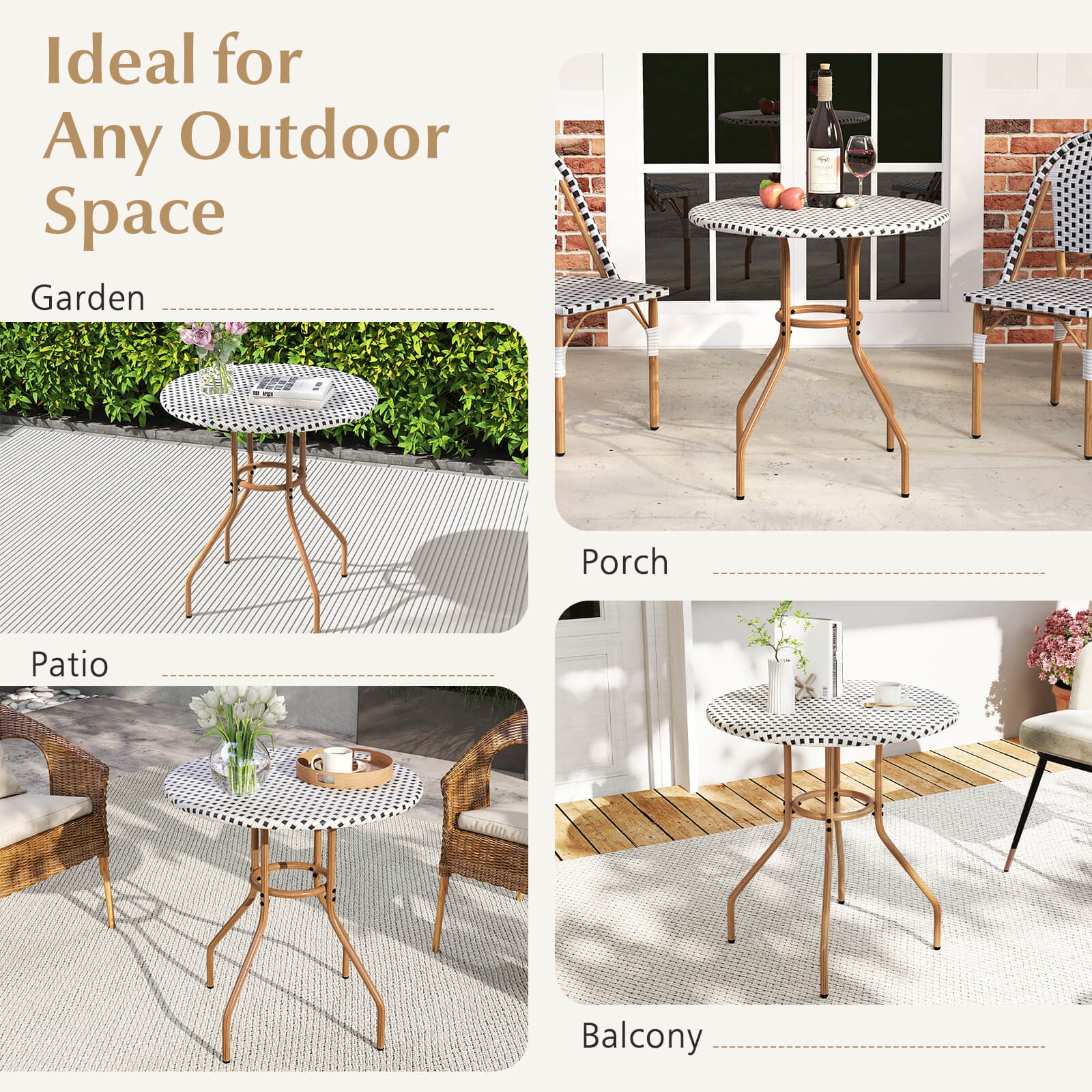 27.5" Round Patio Table w/Hand-Woven PE Rattan Tabletop and Metal Frame
