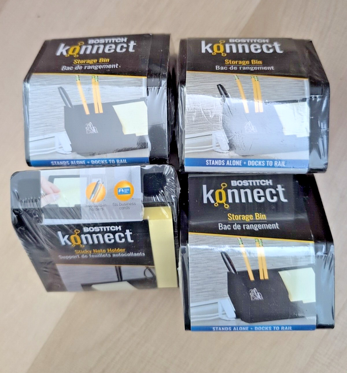 BOSTITCH KONNECT 1 Piece Set-Sticky Note Holder + 3 Storage Bins NEW Black