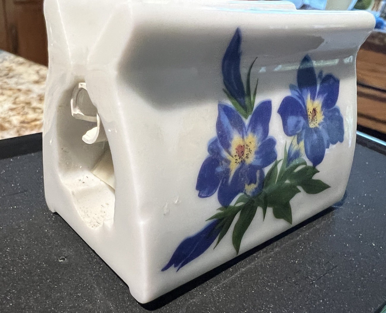 Vintage West Germany Indispensable Dispenser Holder Blue Floral White Porcelain